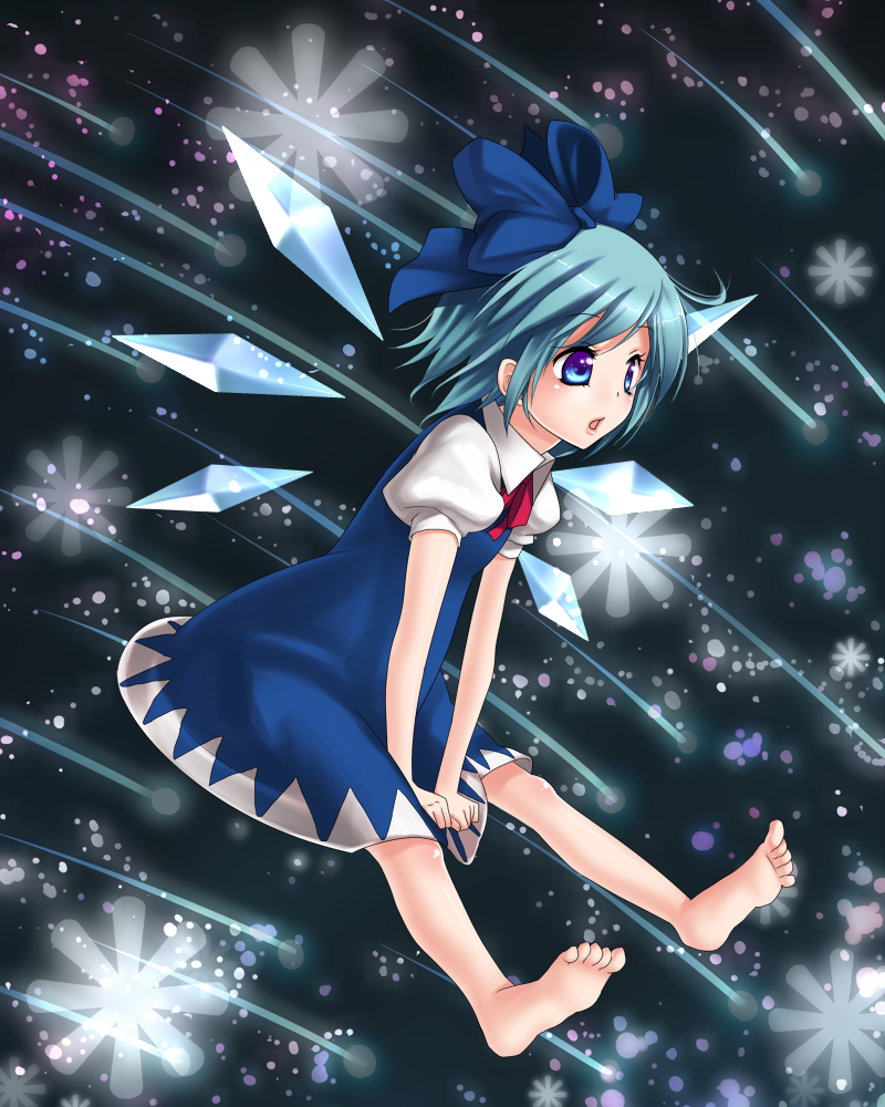 asuka226, cirno, embodiment of scarlet devil, touhou, bad id, bad pixiv id, 1girl, blue hair, dress, female focus, full body, ribbon, short hair, solo, wings