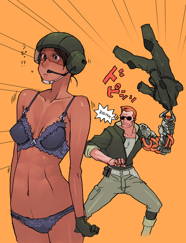 g-room honten, haley, nathan spencer, bionic commando, bionic commando rearmed, capcom, !?, 1boy, 1girl, blue bra, blue panties, bra, cyborg, dark skin, gloves, helmet, lingerie, panties, sunglasses, underwear, underwear only, undressing