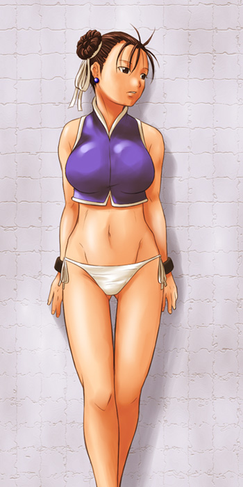 itou nobuhiro, chun-li, capcom, street fighter, looking away, 1girl, braid, brown hair, earrings, female focus, jewelry, midriff, no pants, panties, side-tie panties, solo, underwear, white panties