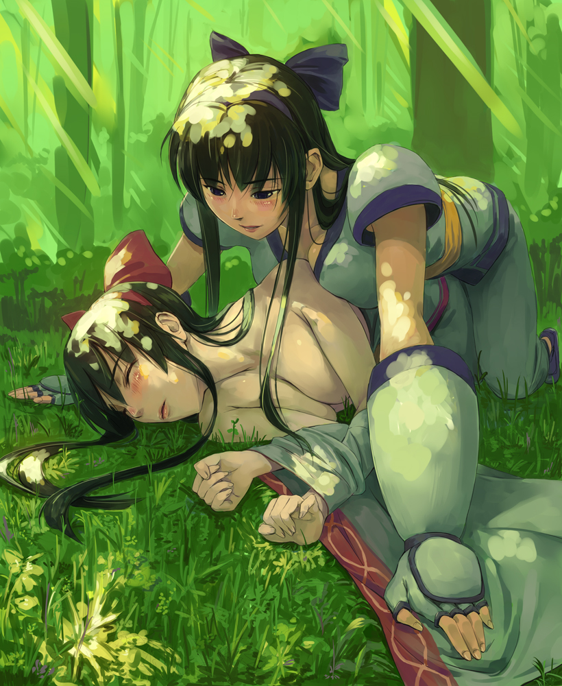 tani, murasaki nakoruru, nakoruru, samurai spirits, 2girls, all fours, blush, bow, breast press, breasts, brown hair, cleavage, closed eyes, dual persona, fingerless gloves, gloves, hair bow, hairband, large breasts, lips, long hair, lying, multiple girls, selfcest, topless female, yuri