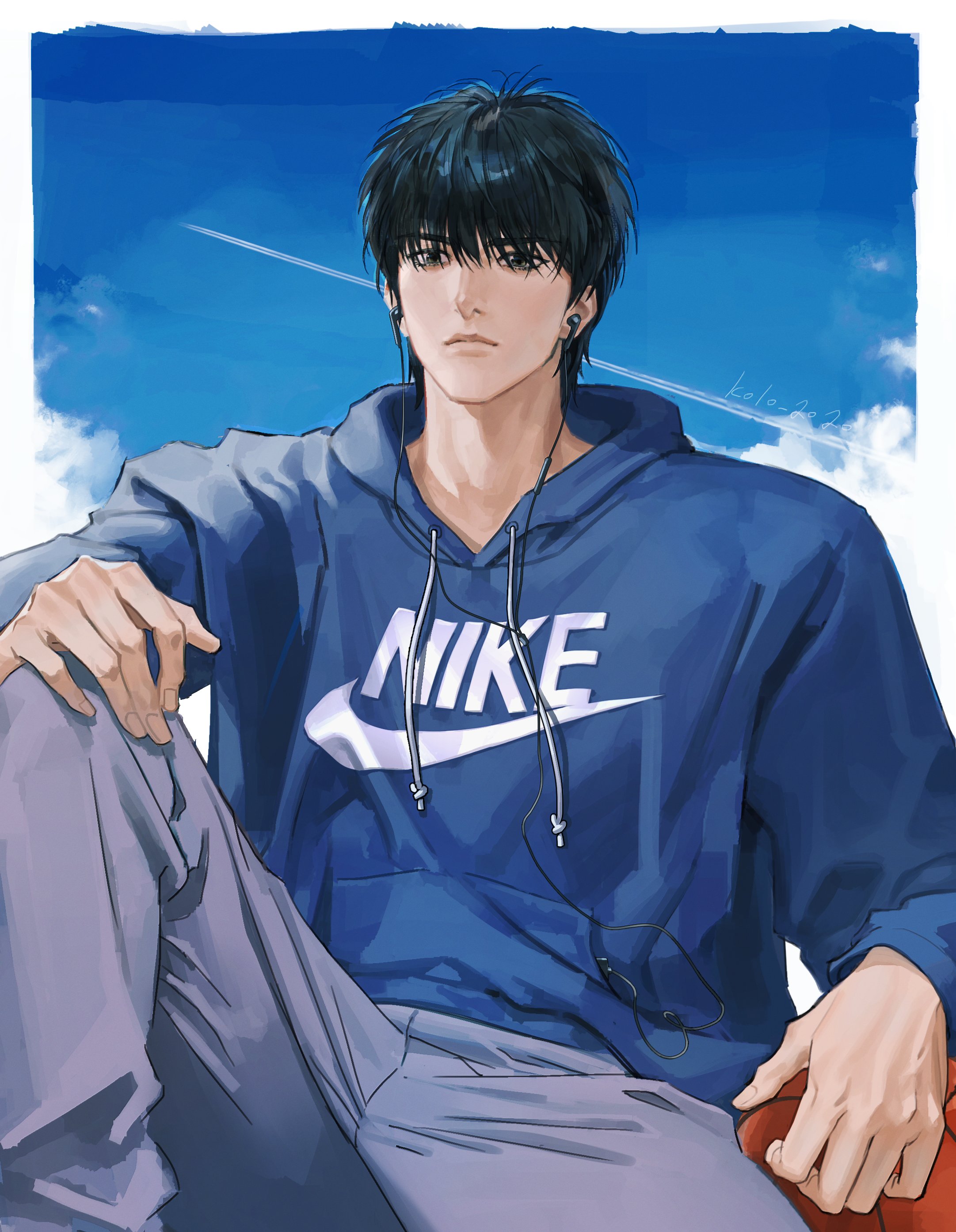 kolo 2020, rukawa kaede, nike (company), slam dunk (series), absurdres, commentary, highres, korean commentary, 1boy, ball, basketball (object), black hair, blue hoodie, blue sky, closed mouth, cloud, earbuds, earphones, hood, hoodie, male focus, outdoors, short hair, sitting, sky, solo, twitter username