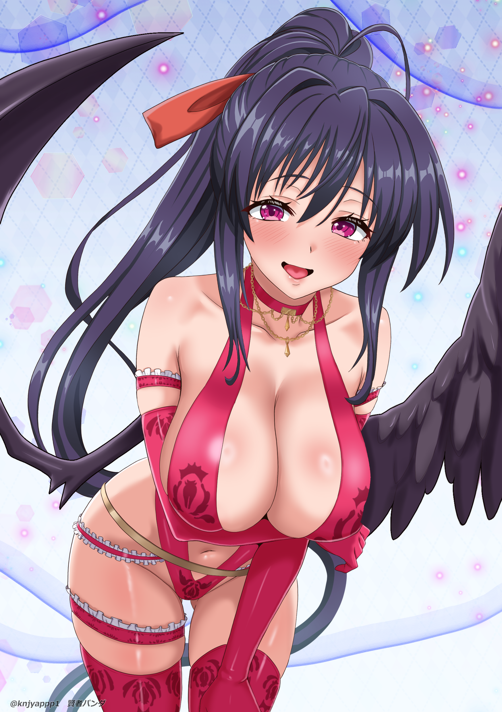 kenja panda, himejima akeno, dolphin wave, high school dxd, absurdres, highres, 1girl, :d, arm under breasts, black hair, black wings, breasts, choker, cleavage, demon girl, gloves, high ponytail, jewelry, large breasts, leaning forward, long hair, looking at viewer, necklace, official alternate costume, one-piece swimsuit, open mouth, ponytail, purple eyes, red choker, red gloves, red one-piece swimsuit, red thighhighs, smile, solo, swimsuit, thighhighs, very long hair, wings