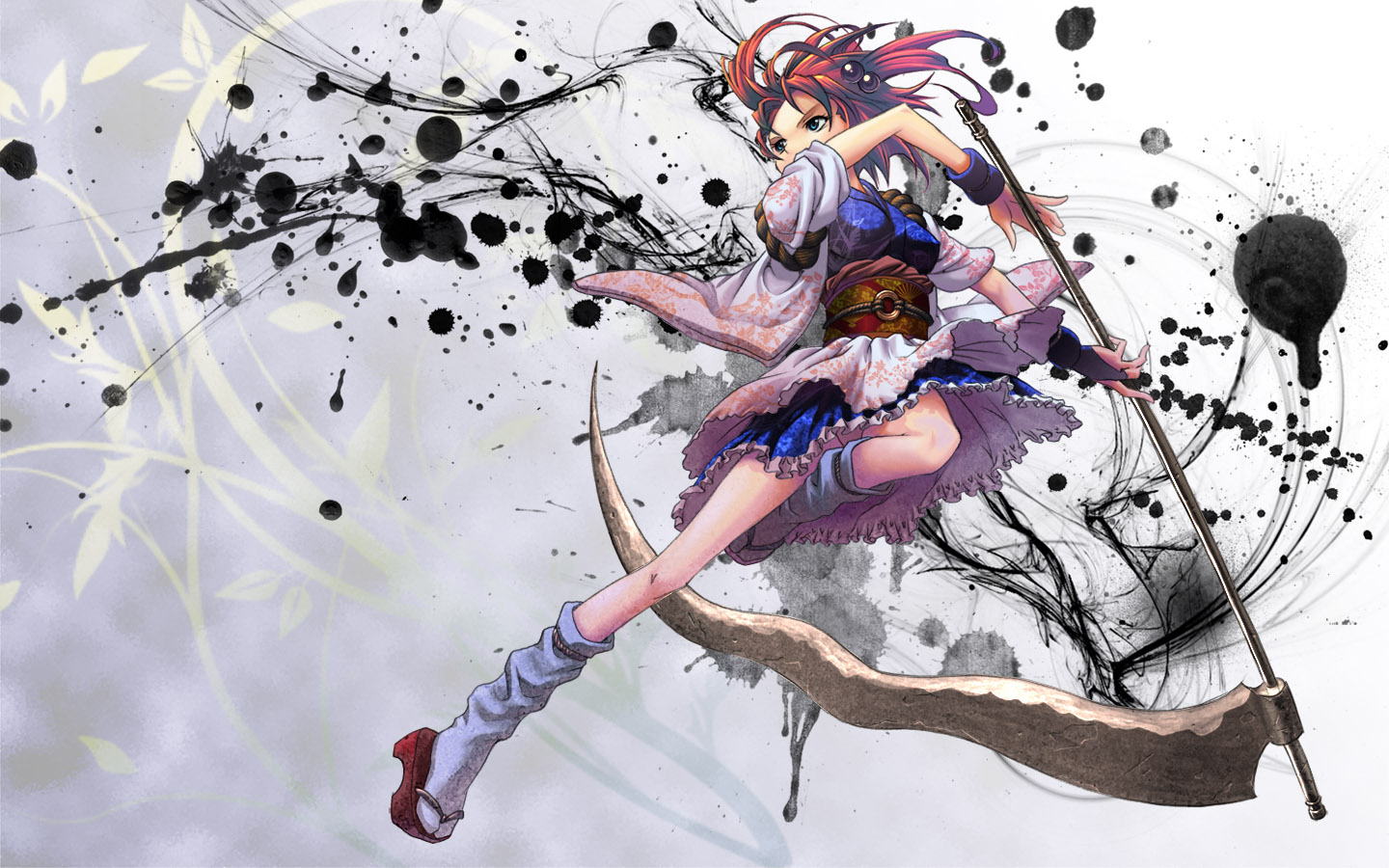 shiroi karasu, onozuka komachi, street fighter, street fighter iv (series), touhou, md5 mismatch, resolution mismatch, source smaller, 1girl, aqua eyes, female focus, ink, japanese clothes, legs, panties, parody, red hair, scythe, shiroi karasu (pixiv), short hair, solo, style parody, underwear
