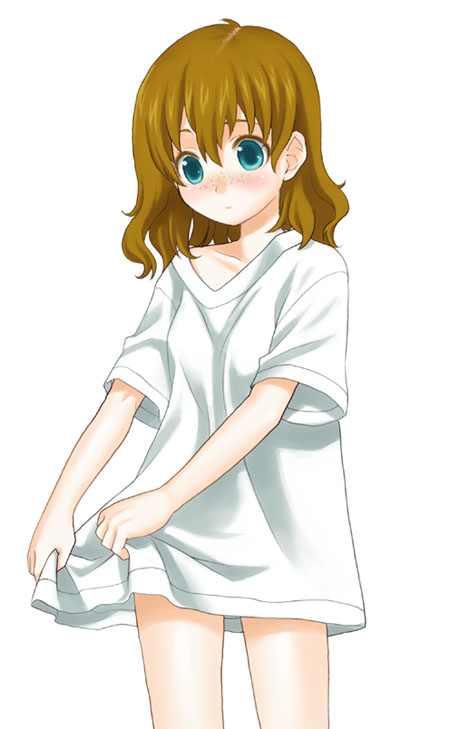mattaku mousuke, original, blue eyes, blush, brown hair, cowboy shot, freckles, shirt, short hair, simple background, solo, white background, white shirt