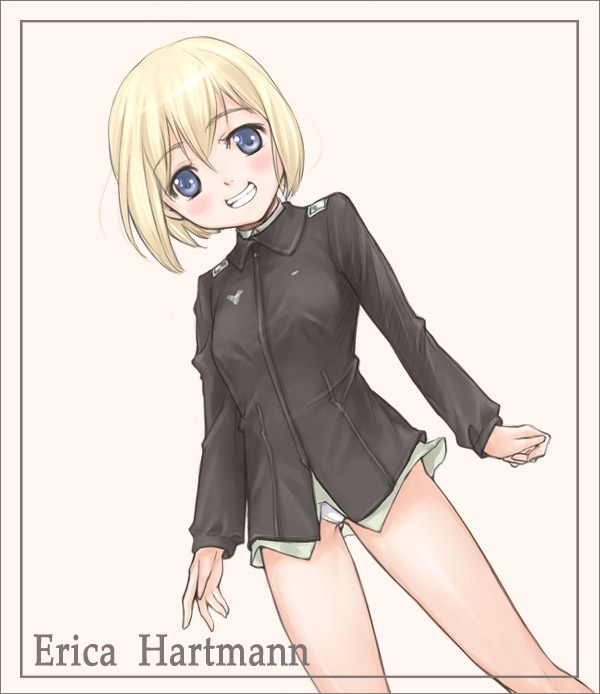 kanda aya, erica hartmann, strike witches, world witches series, bad id, bad pixiv id, 00s, 1girl, blonde hair, blue eyes, female focus, panties, short hair, smile, solo, underwear