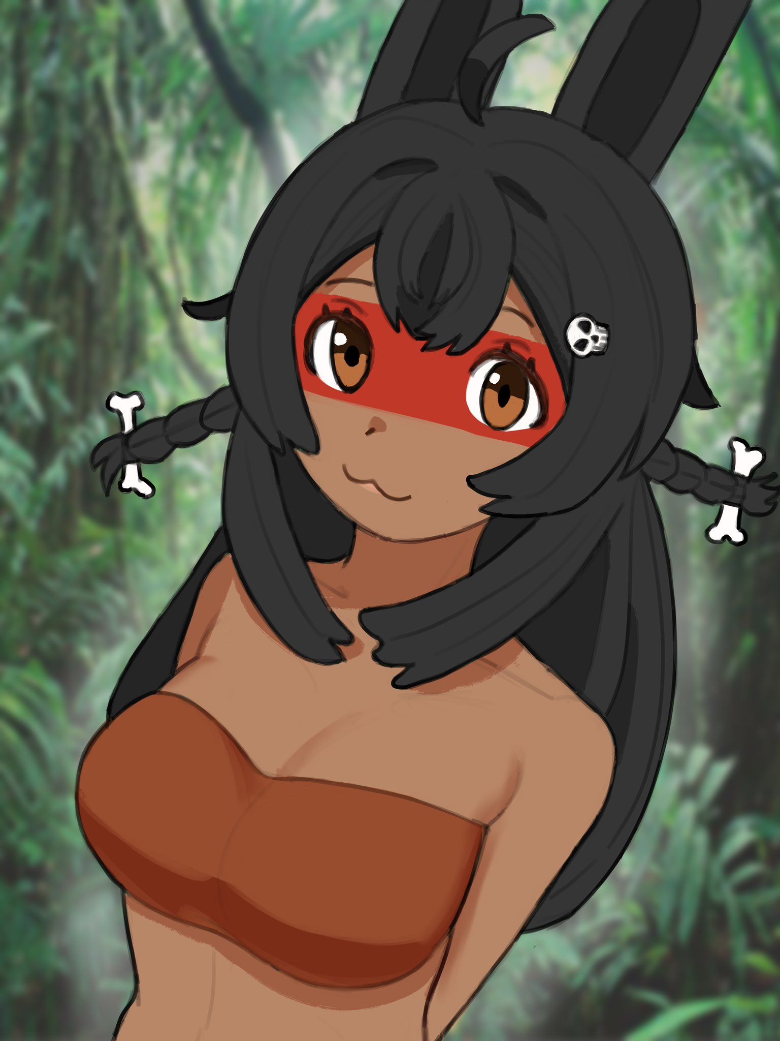 kuruminha, pipkin pippa, phase connect, highres, 1girl, :3, alternate skin color, animal ears, arms behind back, aztec, bandeau, black hair, blurry, blurry background, bone hair ornament, breasts, brown eyes, dark-skinned female, dark skin, depth of field, facepaint, hair ornament, long hair, looking at viewer, medium breasts, novgorod (vikingdoggy), photo background, rabbit ears, skull hair ornament, smile, solo, upper body, virtual youtuber