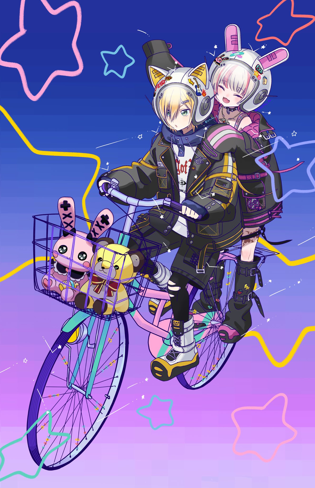 encha, makaino ririmu, makaino ririmu (6th costume), uzuki kou, uzuki kou (5th costume), nijisanji, highres, 1boy, 1girl, animal ears helmet, animal helmet, bicycle, bicycle basket, black jacket, black pantyhose, black shorts, blonde hair, brown hair, cat helmet, gradient background, green eyes, hood, hood down, hoodie, jacket, leg warmers, multicolored hair, official alternate costume, open clothes, open jacket, pantyhose, purple background, rabbit helmet, riding, riding bicycle, short hair, shorts, sleeves past fingers, sleeves past wrists, smile, star (symbol), streaked hair, stuffed animal, stuffed rabbit, stuffed toy, tattoo, teddy bear, torn clothes, torn pantyhose, virtual youtuber, winged heart, winged heart tattoo