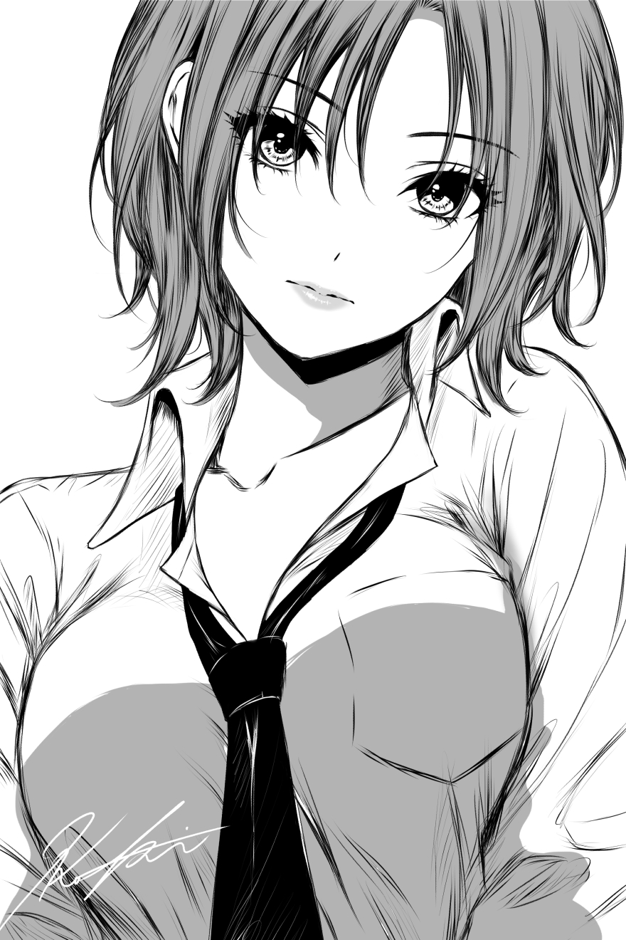 koya (koya x 00), asakura toru, idolmaster, idolmaster shiny colors, commentary request, highres, 1girl, breasts, collarbone, dress shirt, greyscale, head tilt, looking at viewer, medium breasts, monochrome, necktie, open collar, school uniform, shirt, short hair, signature, simple background, solo, upper body, white background