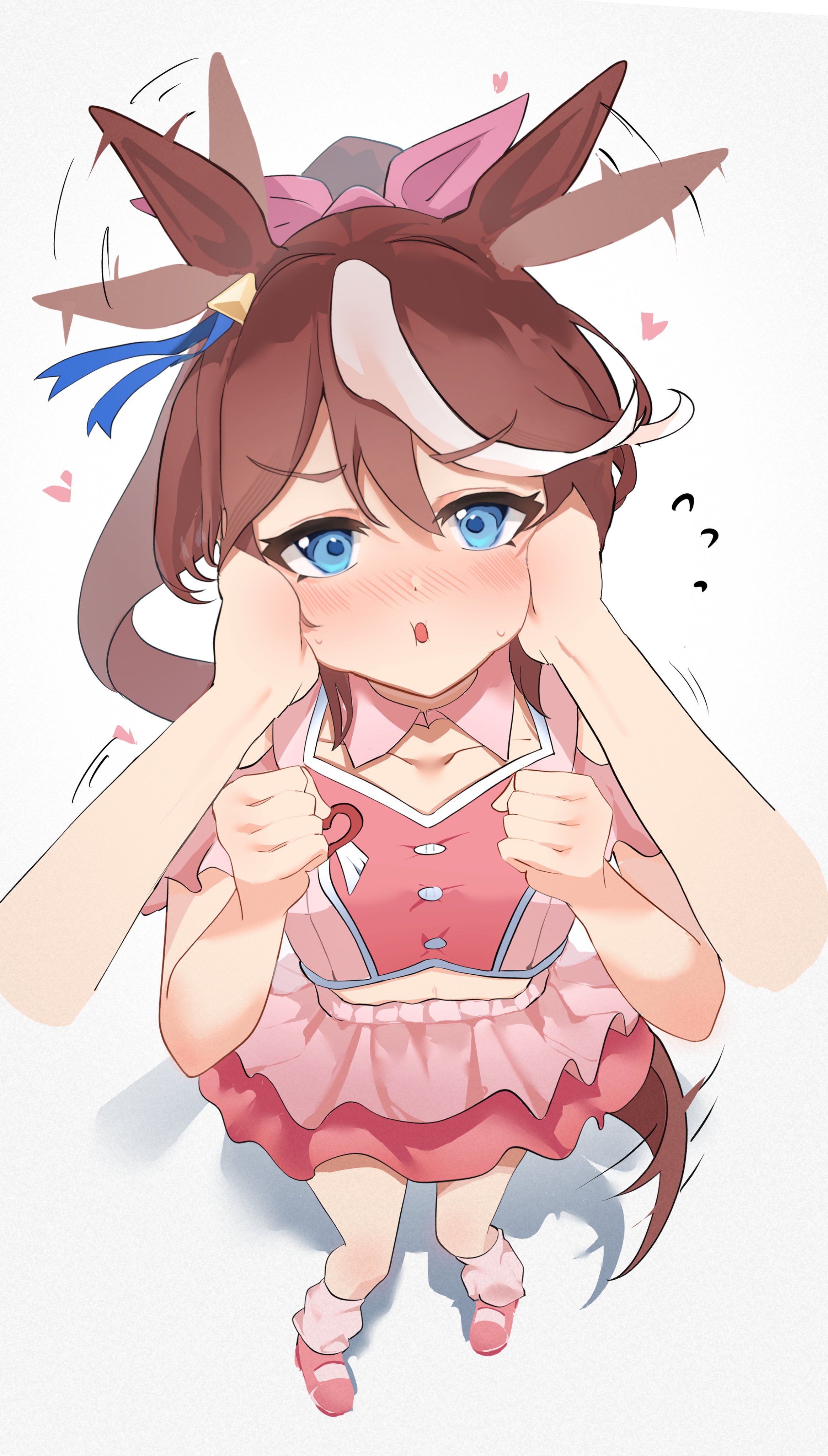 rinne0611, tokai teio (umamusume), umamusume, absurdres, highres, 1girl, 1other, animal ears, blue eyes, blush, bow, breasts, brown hair, clothing cutout, collarbone, cropped shirt, ear bow, ear ornament, ear wiggle, hair between eyes, hands on another's cheeks, hands on another's face, heart, high ponytail, horse ears, horse girl, horse tail, layered skirt, long hair, loose socks, meni shuki rush-sshu!, midriff, multicolored hair, navel, parted lips, pink shirt, pink shoes, pink skirt, pink socks, ponytail, pov, pov hands, shirt, shoes, shoulder cutout, simple background, skirt, socks, streaked hair, tail, two-tone hair, white background, white hair