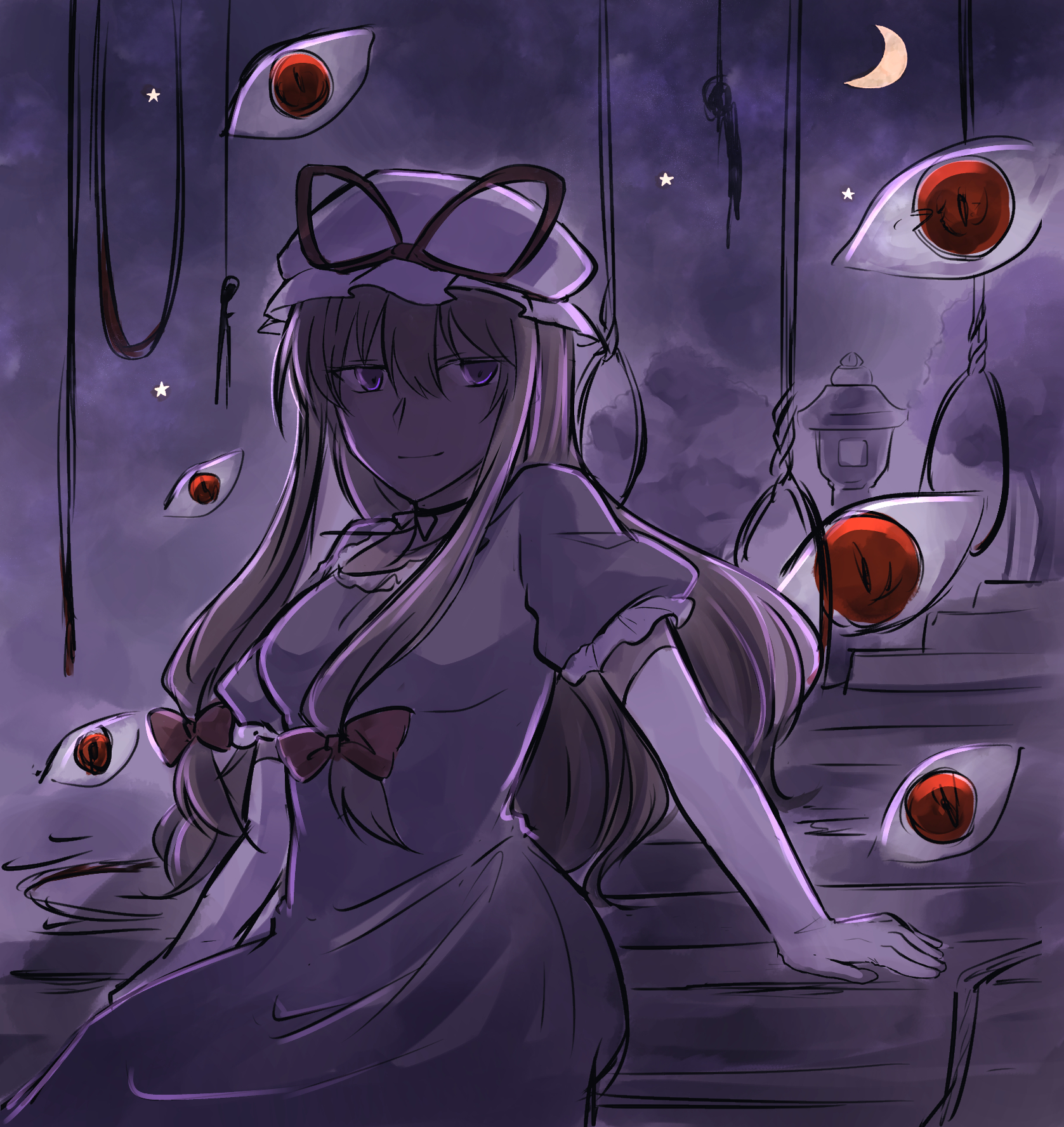 koto (shiberia39), touhou, highres, 1girl, blonde hair, bow, bowtie, breasts, crescent, dark, dress, frills, gloves, hair between eyes, hand rest, hat, hat ribbon, long dress, long hair, mob cap, moon, neck ribbon, night, night sky, noose, puffy short sleeves, puffy sleeves, purple dress, red bow, red bowtie, red ribbon, ribbon, short sleeves, sitting, sky, solo, stairs, star (symbol), tree, twintails, white hat