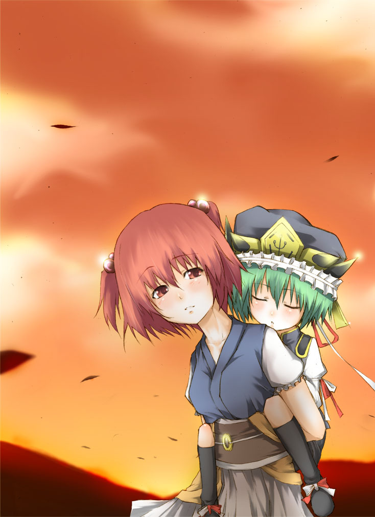 sutagu, onozuka komachi, shiki eiki, touhou, bad id, bad pixiv id, 2girls, carrying, cloud, female focus, green hair, hat, multiple girls, outdoors, piggyback, red hair, ribbon, short hair, sky, sleeping, standing