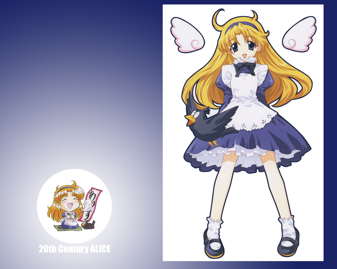 alice (alice in wonderland), alice (alicesoft), alice's adventures in wonderland, alice soft, non-web source, 1girl, apron, bird, blonde hair, blue eyes, crow, dress, female focus, frills, long hair, mary janes, shoes, socks, solo