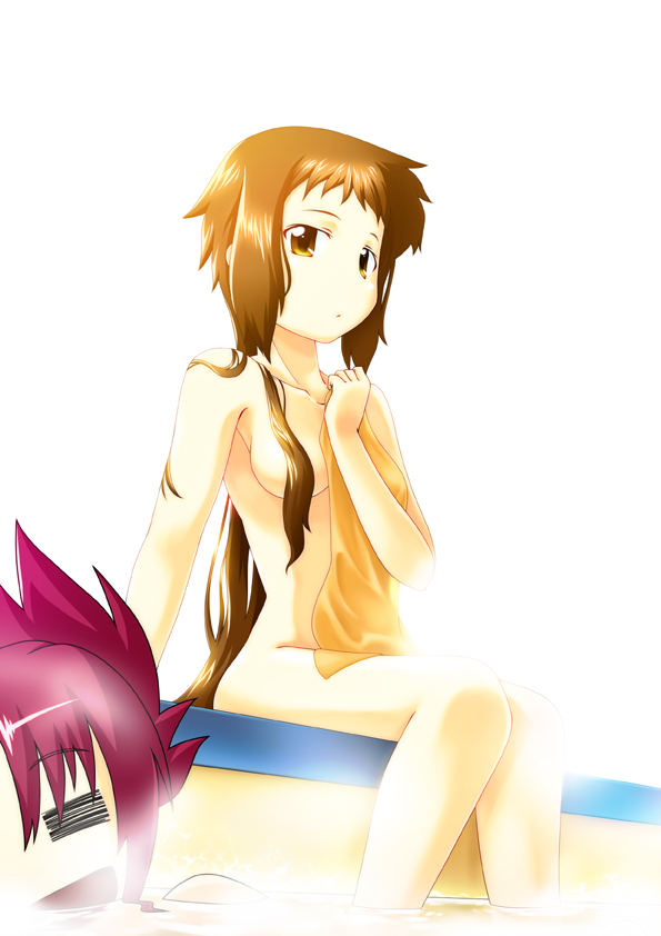 mayumi (morikko), dieci (nanoha), numbers (nanoha), wendi (nanoha), lyrical nanoha, mahou shoujo lyrical nanoha, mahou shoujo lyrical nanoha strikers, 00s, 2girls, brown eyes, female focus, hand on own chest, long hair, long sleeves, looking at viewer, multiple girls, short hair, simple background, sitting, white background