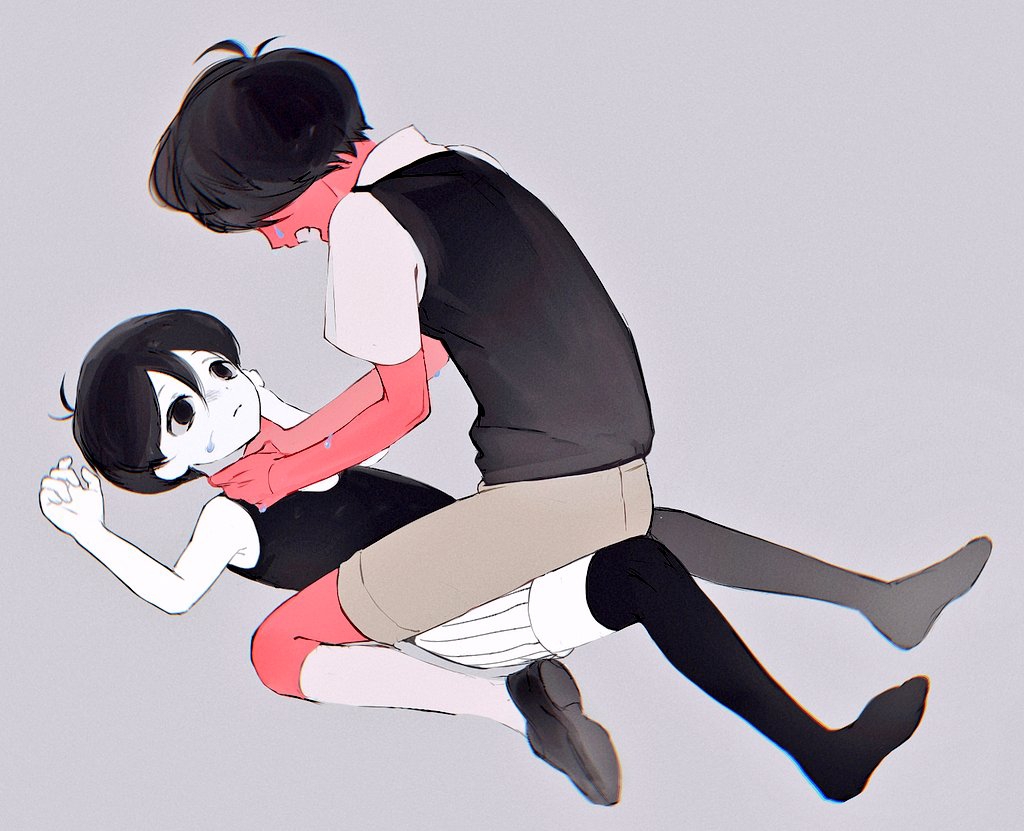 ningzzz, omori (omori), sunny (omori), omori, chinese commentary, commentary request, 2boys, alternate skin color, antenna hair, bare arms, bare shoulders, black eyes, black hair, black shoes, black sweater vest, black tank top, black thighhighs, boy on top, brown shorts, chromatic aberration, closed mouth, collared shirt, colored skin, crying, double-parted bangs, dual persona, empty eyes, face-to-face, film grain, frown, full body, hair behind ear, hair between eyes, hands up, kneehighs, loafers, looking at another, lying, male focus, multiple boys, no pupils, no shoes, on back, open mouth, pinstripe shorts, red skin, shirt, shoes, short hair, short sleeves, shorts, simple background, sitting, socks, sweater vest, tank top, thighhighs, very short hair, white shirt, white shorts, white skin, white socks