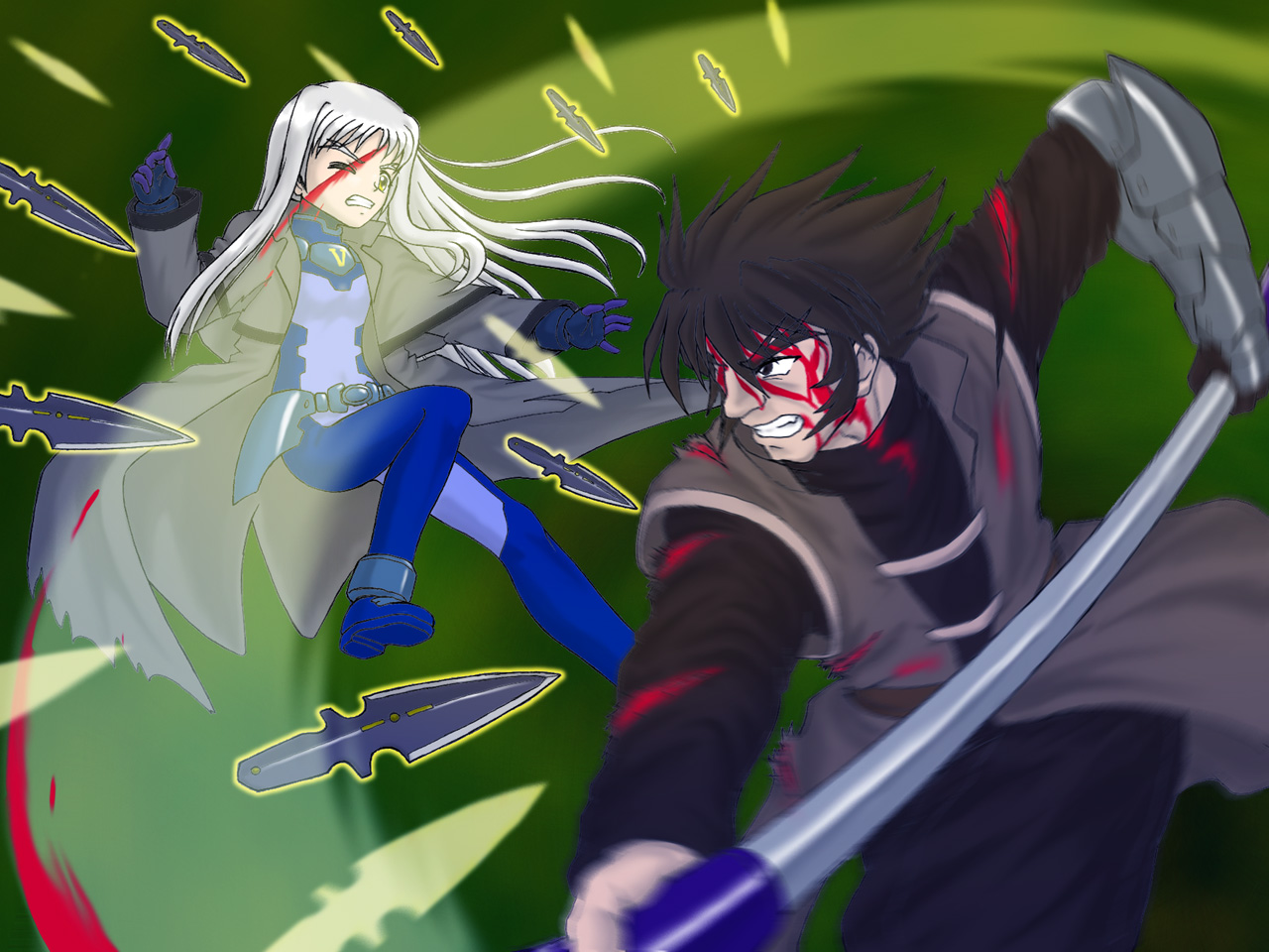 ryuhisho, cinque (nanoha), numbers (nanoha), zest grangeitz, lyrical nanoha, mahou shoujo lyrical nanoha, mahou shoujo lyrical nanoha strikers, silver hair, 00s, 1boy, 1girl, blood, brown hair, injury, knife, polearm, weapon