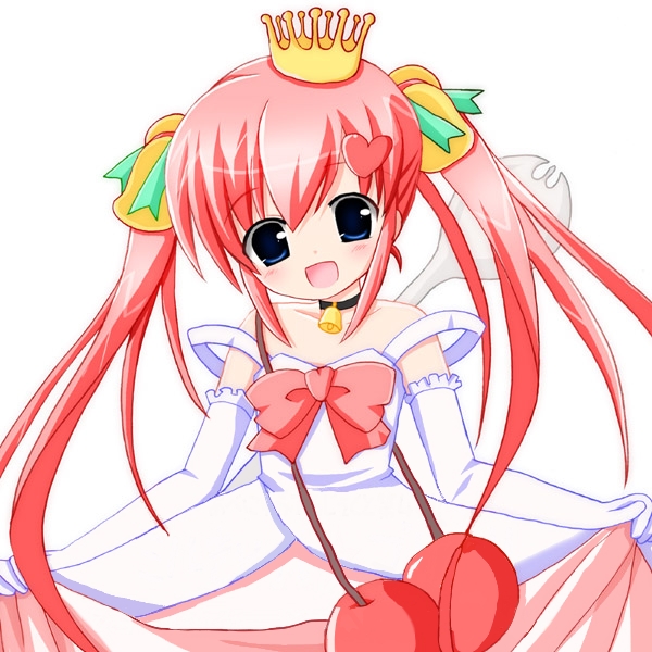 yamasaki tomoya, ave new project, non-web source, 1girl, blue eyes, blush, child, crown, curtsey, dot nose, dress, elbow gloves, female focus, gloves, gown, long hair, open mouth, pink hair, princess, simple background, skirt hold, solo, twintails, white background