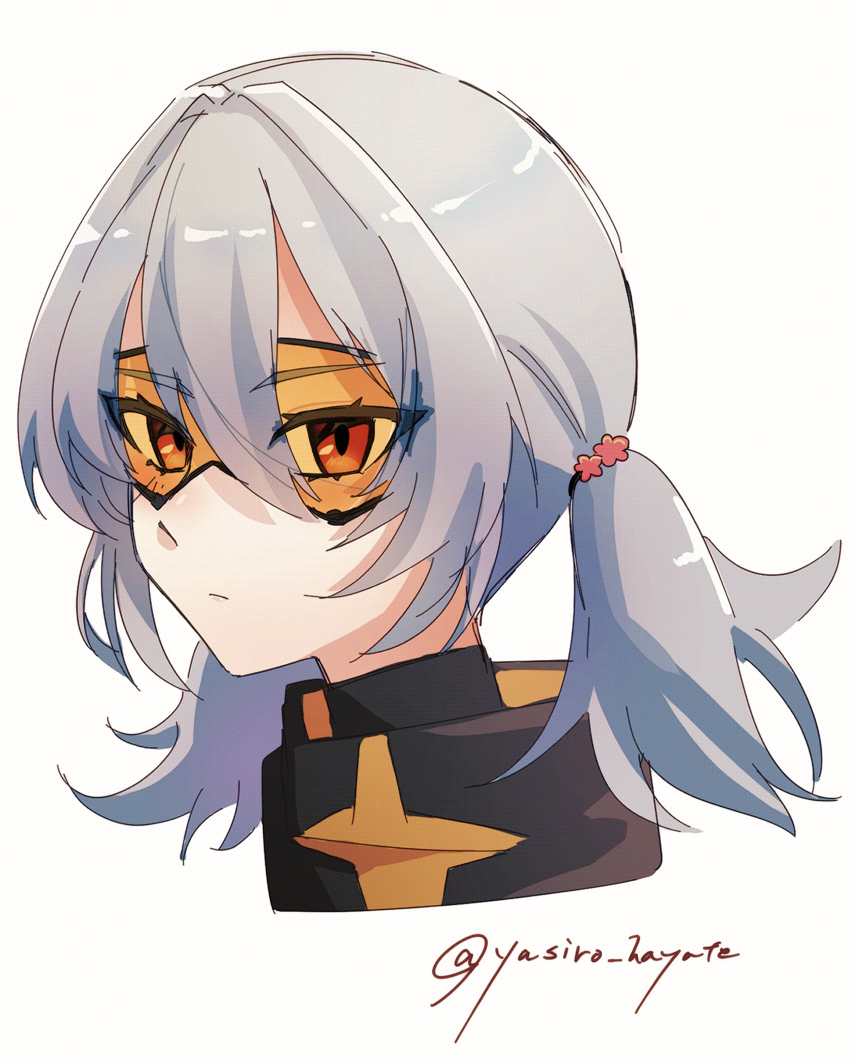 yasiro hayate, soldier 11 (zenless zone zero), zenless zone zero, commentary request, highres, 1girl, alternate hairstyle, artist name, closed mouth, goggles, grey hair, hair between eyes, high collar, long hair, looking at viewer, red eyes, short twintails, simple background, solo, twintails, twitter username, upper body, white background