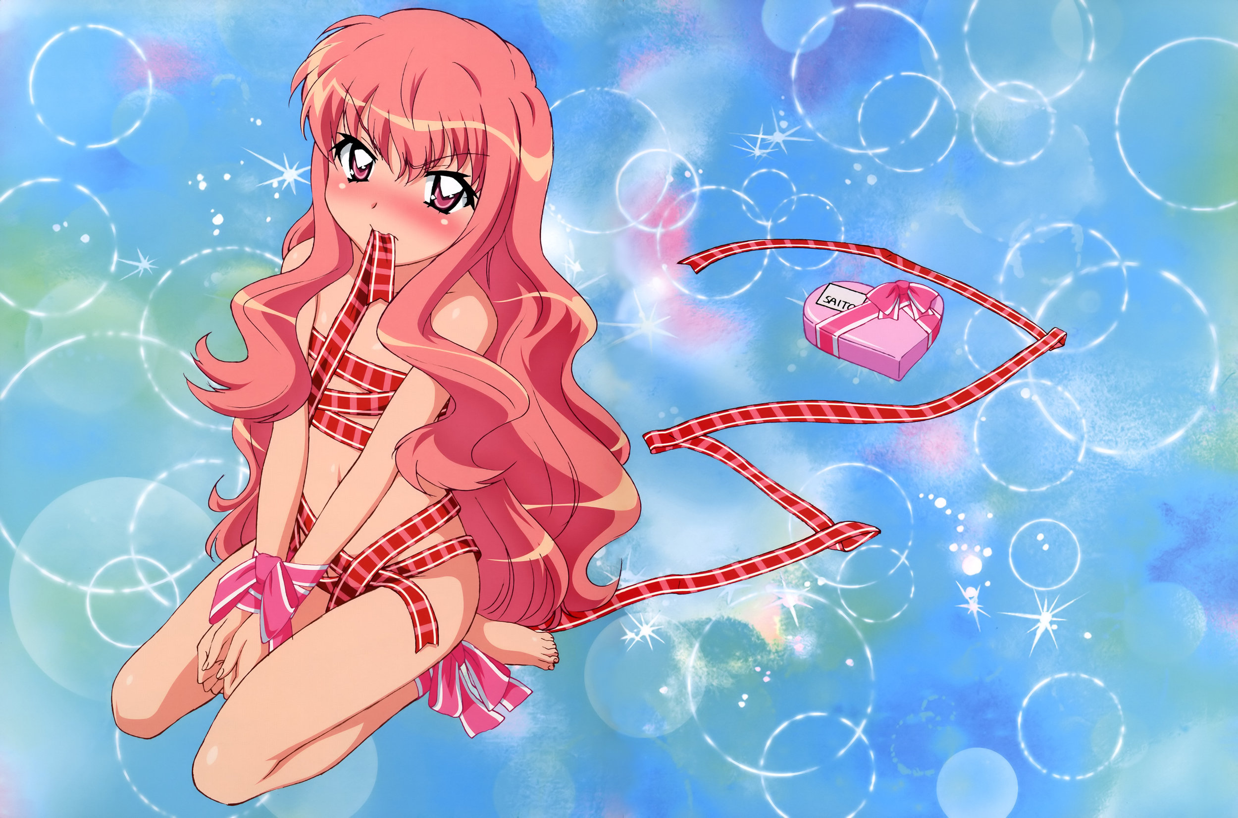 louise francoise le blanc de la valliere, zero no tsukaima, artist request, highres, 00s, blush, box, flat chest, heart, long hair, mouth hold, naked ribbon, pink eyes, pink hair, ribbon, solo, valentine