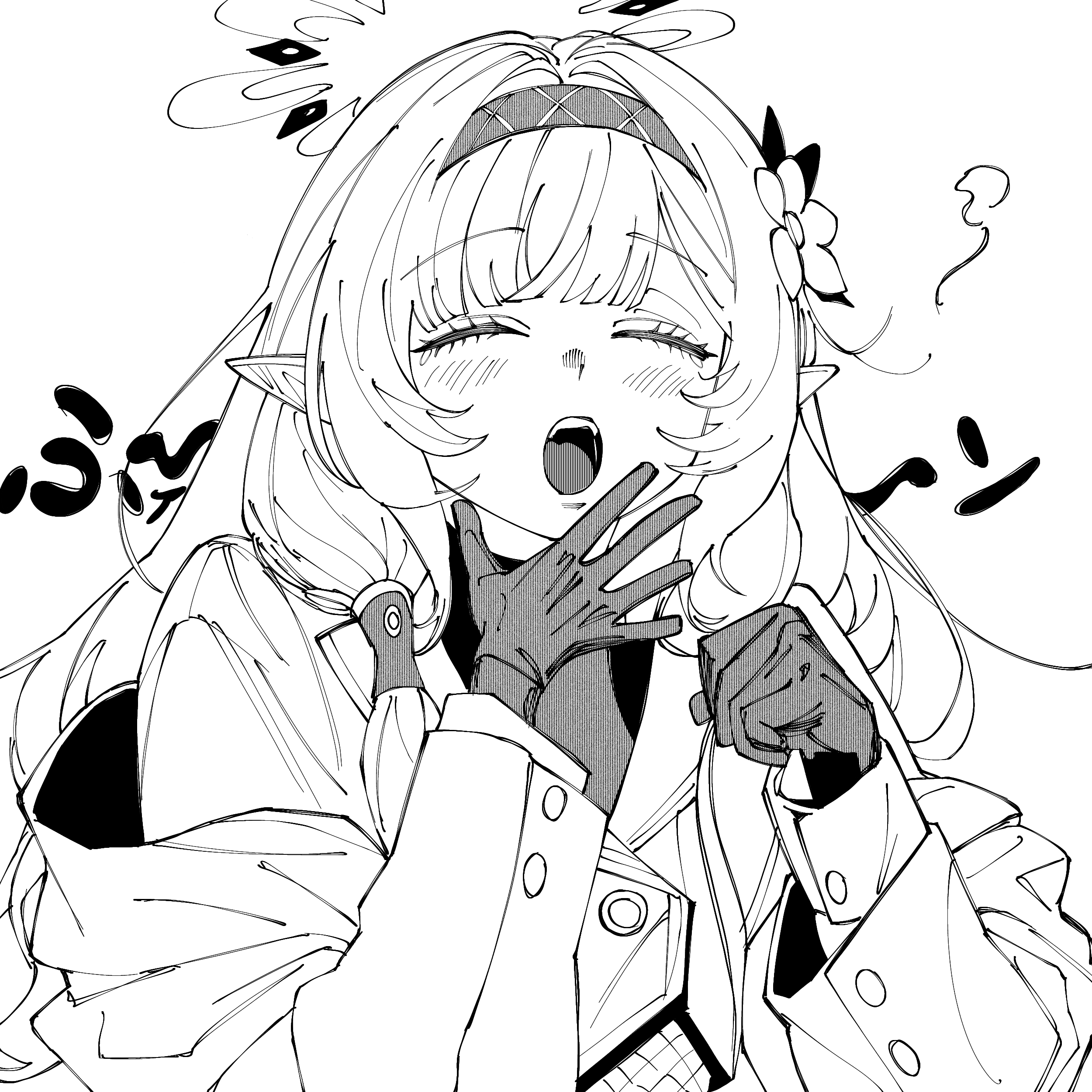 kani ka nanika, himari (blue archive), blue archive, absurdres, highres, 1girl, blush, closed eyes, flower, gloves, greyscale, hair flower, hair ornament, hair tubes, halo, jacket, long hair, monochrome, pointy ears, sleepy, solo, squeans, tears, upper body, yawning