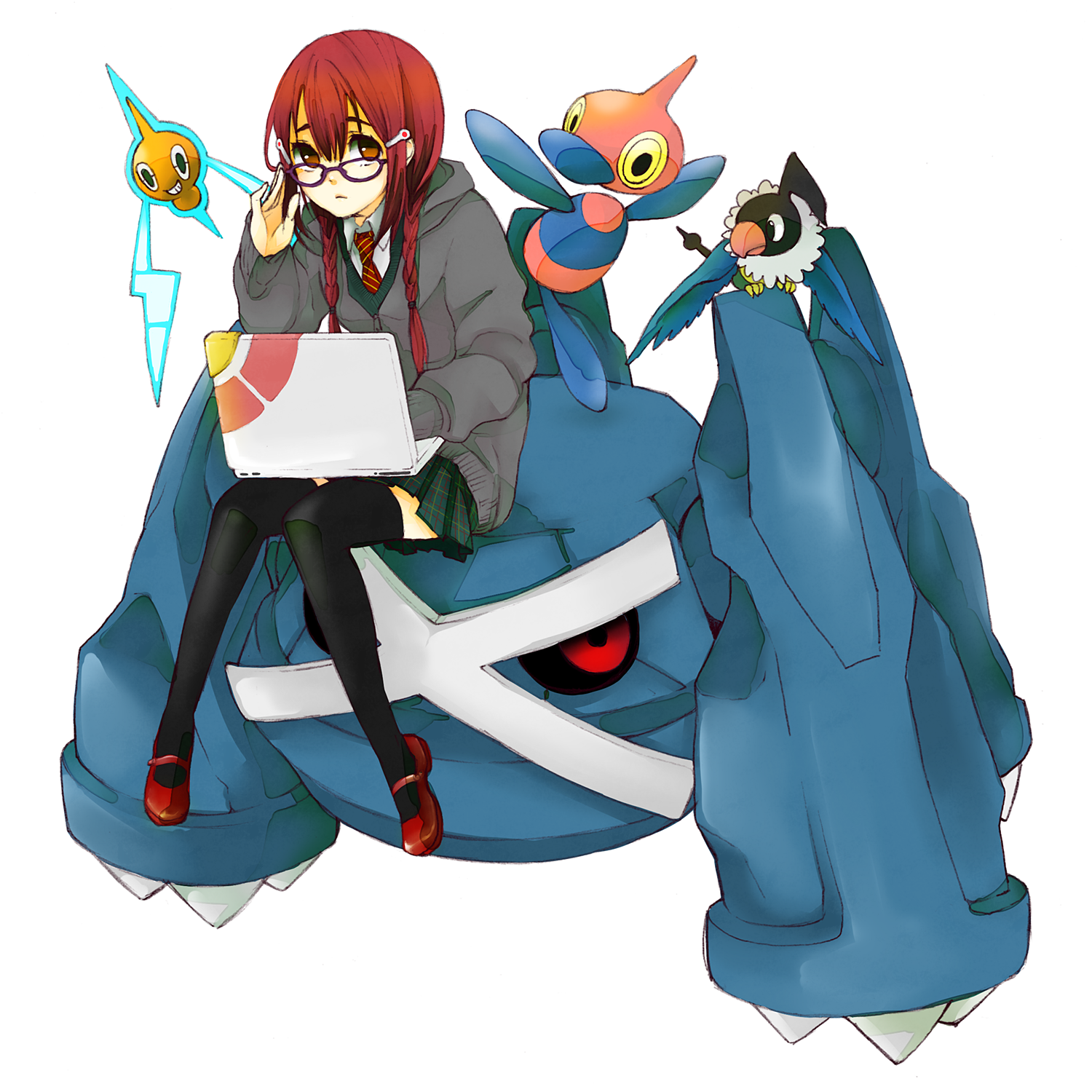 todoroki sora, chatot, metagross, porygon-z, rotom, rotom (normal), nintendo, original, pixiv trainer, pokemon, bad id, bad pixiv id, highres, 1girl, adjusting eyewear, black thighhighs, blue beak, brown eyes, brown hair, computer, gen 3 pokemon, gen 4 pokemon, glasses, laptop, legs, pokemon (creature), red eyes, red hair, school uniform, serafuku, smile, thighhighs, yellow eyes, zettai ryouiki