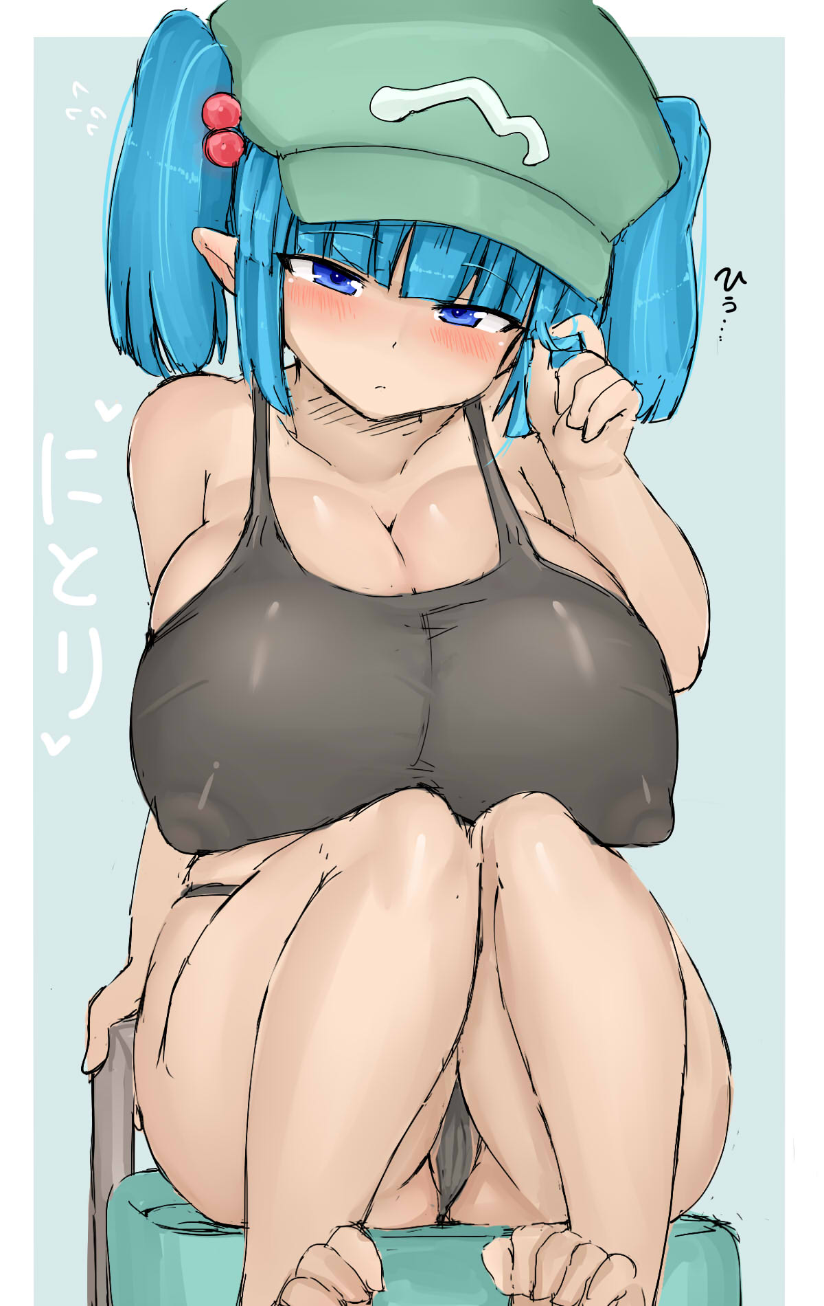 okiraku nikku, kawashiro nitori, touhou, highres, 1girl, blue eyes, blue hair, breasts, large breasts, pointy ears