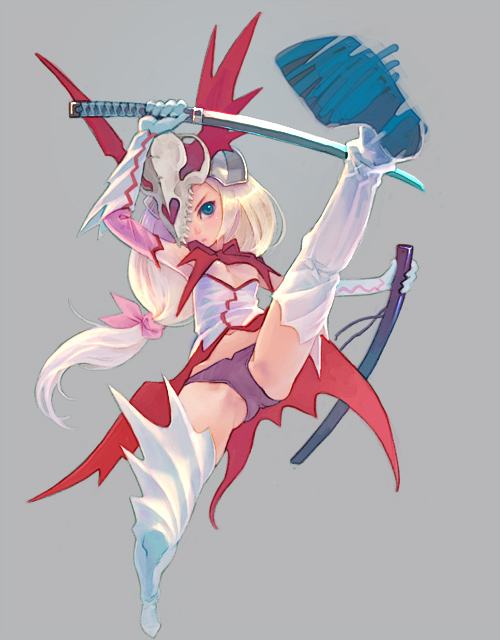 weno, blonde hair, green eyes, helmet, katana, kicking, long hair, panties, simple background, solo, sword, thighhighs, underwear, weapon