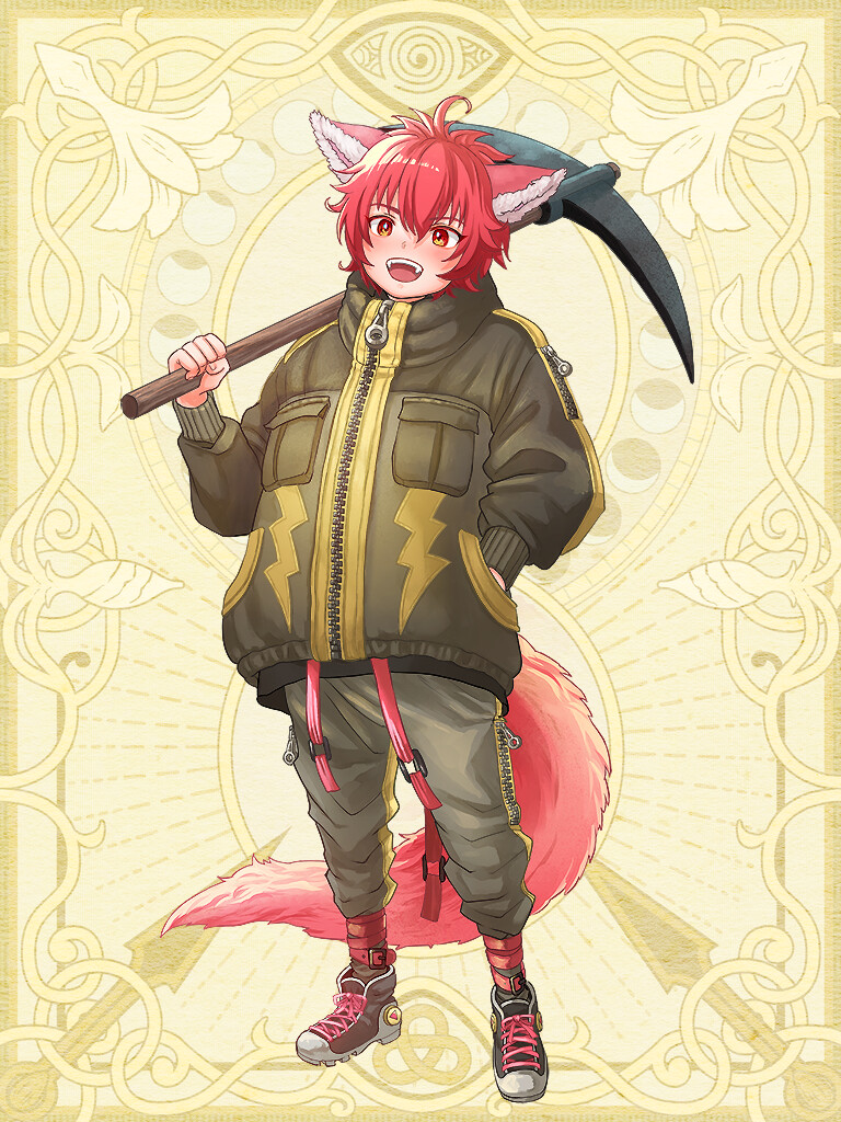 satou momonnyo, chain paradox, 1boy, :d, ahoge, animal ears, blush, coat, full body, hand in pocket, kanzaki rai, lightning bolt print, long sleeves, open mouth, over shoulder, pants, pickaxe, pocket, red eyes, red hair, shoes, smile, sneakers, solo, standing, tail, yellow background, zipper