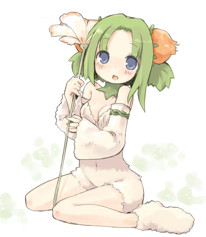 7010, original, fur, 1girl, blue eyes, blush, detached sleeves, female focus, flower, green hair, kneeling, short hair, solo
