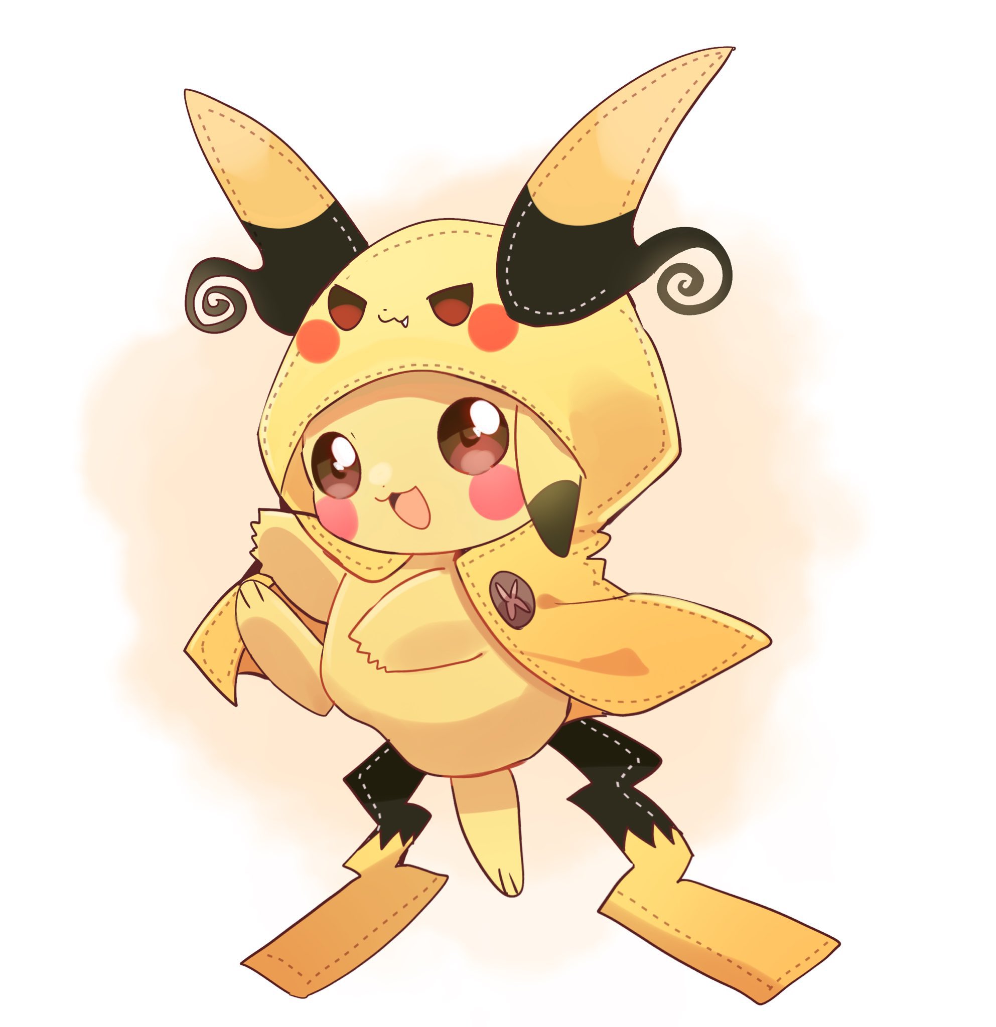 yupo 0322, mega raichu x, pikachu, raichu, nintendo, pokemon, pokemon legends: z-a, highres, brown eyes, cloak, cosplay, full body, gen 1 pokemon, hood, hood up, hooded cloak, mega raichu x (cosplay), no humans, open mouth, pokemon (creature), pokemon focus, simple background, smile, tail, yellow fur