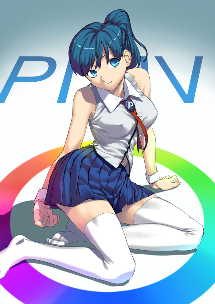 yangsion, pixiv-tan, pixiv, 1girl, arm support, blue eyes, blue hair, breasts, covered erect nipples, female focus, kneeling, legs, matching hair/eyes, medium breasts, necktie, ponytail, shirt, sitting, skirt, sleeveless, sleeveless shirt, smile, solo, thighhighs, white thighhighs, wrist cuffs, yokozuwari, zettai ryouiki