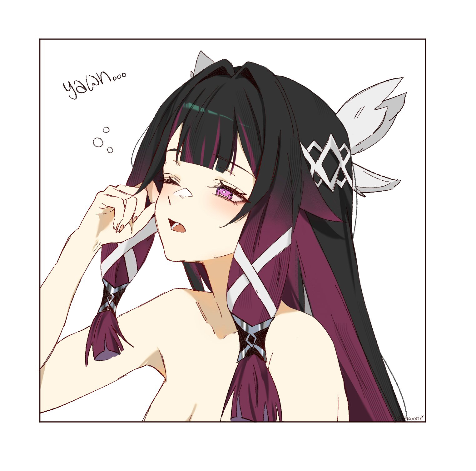 sakuurin, columbina (genshin impact), genshin impact, commentary, highres, 1girl, artist name, black hair, english text, hair intakes, hair ribbon, head wings, long hair, multicolored hair, nude, one eye closed, open mouth, pink eyes, pink hair, ribbon, simple background, solo, two-tone hair, upper body, white background, white ribbon, white wings, wings, yawning