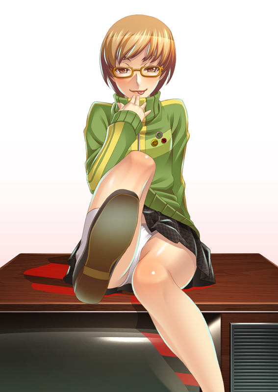 terumii, satonaka chie, atlus, persona, persona 4, bad id, bad pixiv id, 1girl, :p, brown eyes, brown hair, feet, female focus, glasses, naughty face, panties, pantyshot, sitting, solo, tongue, tongue out, underwear, white panties, yellow-framed eyewear