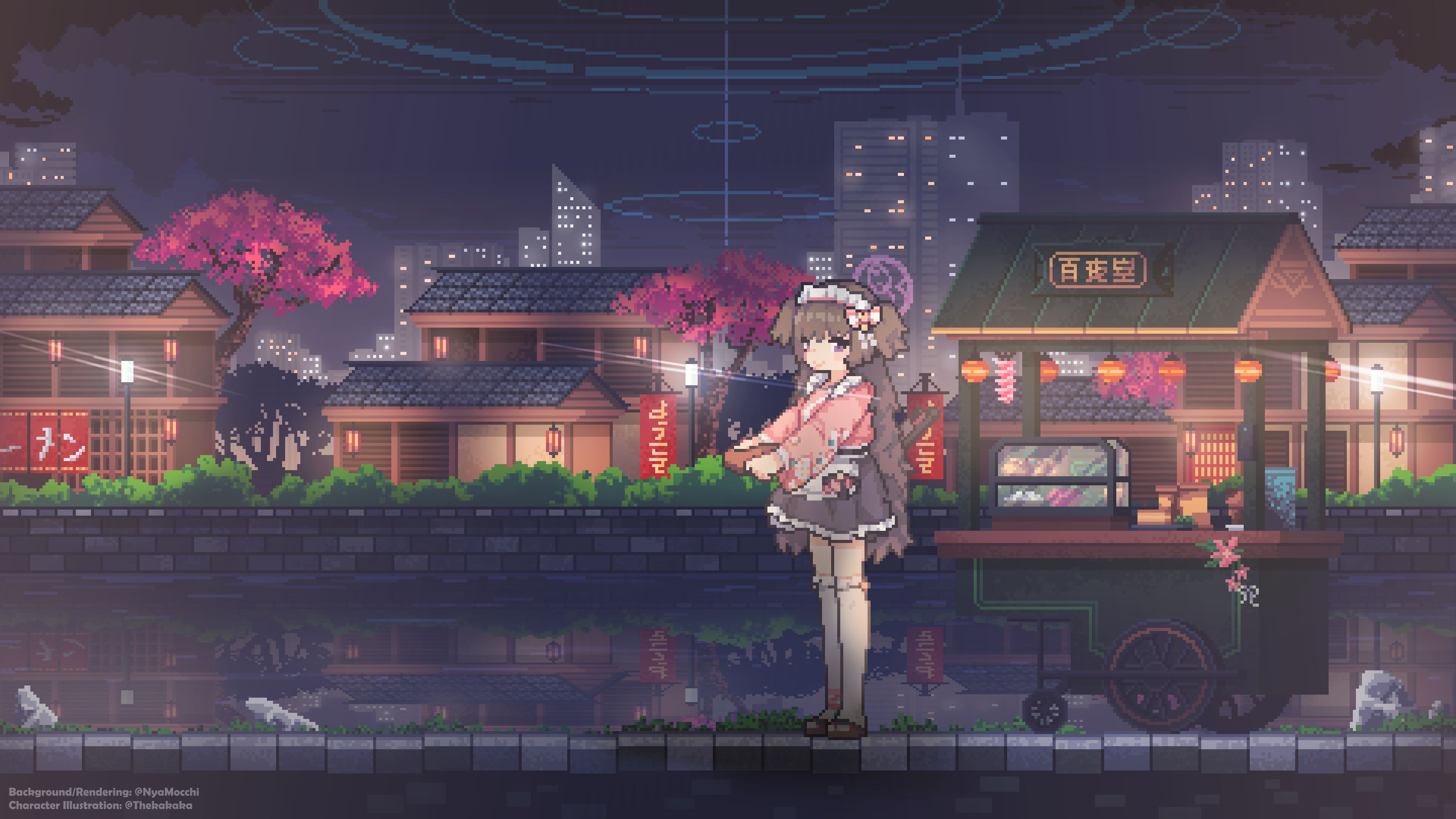 thetkakaka, shizuko (blue archive), blue archive, absurdres, artist collaboration, commentary, english commentary, highres, translation request, 1girl, ankle ribbon, apron, architecture, black skirt, bow, brown hair, building, cherry blossoms, city, city lights, cityscape, credits, diffraction spikes, east asian architecture, floral print, floral print kimono, frilled apron, frilled kimono, frills, full body, hair bow, halo, holding, holding plate, japanese clothes, kimono, kimono skirt, kivotos, lamppost, lantern, leg ribbon, long hair, looking at viewer, maid, maid headdress, night, nyamocchi, okobo, paper lantern, pillar of light, pink bow, pink halo, pink kimono, pink ribbon, pixel art, plate, platform sandals, print kimono, purple eyes, reflection, reflective water, ribbon, sandals, skirt, smile, solo, standing, thighhighs, twitter username, two side up, vending cart, wa maid, waist apron, water, white apron, white thighhighs