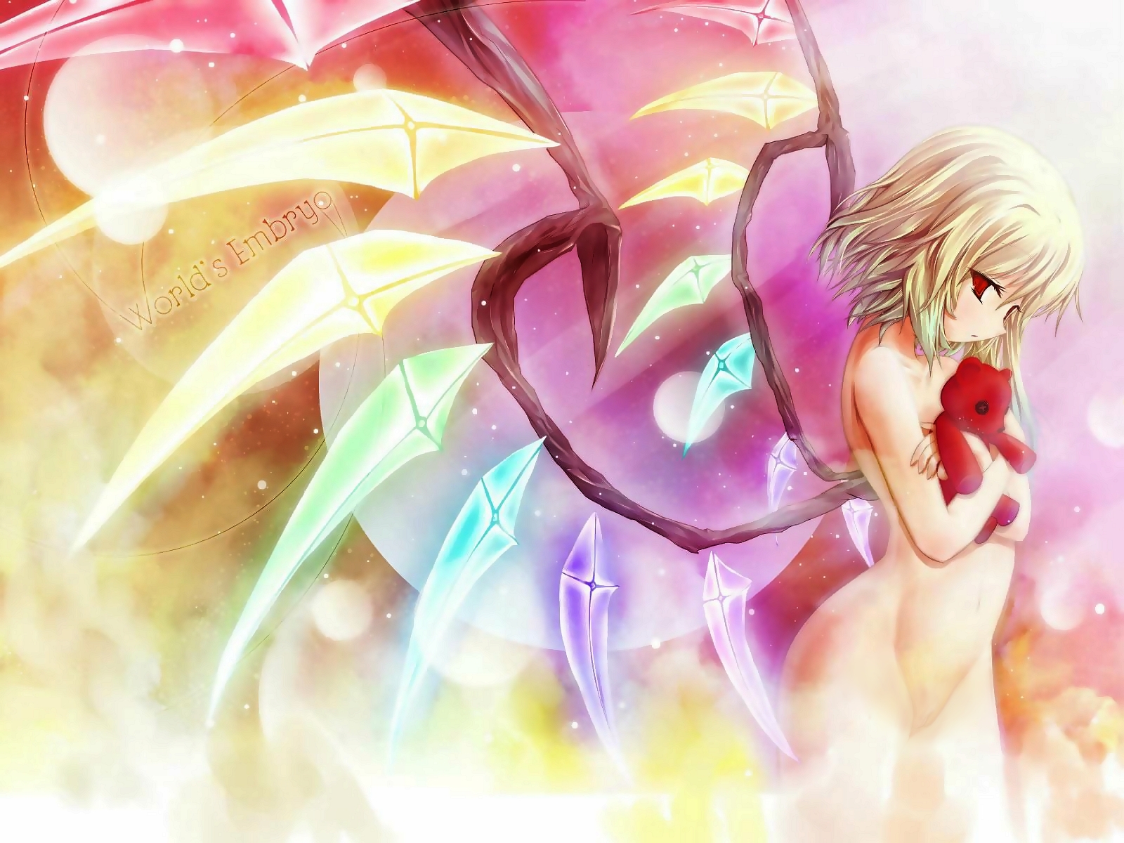 scarlet (studioscr), flandre scarlet, touhou, duplicate, highres, 1girl, blonde hair, english text, female focus, from side, gradient background, nude, red eyes, short hair, solo, wings