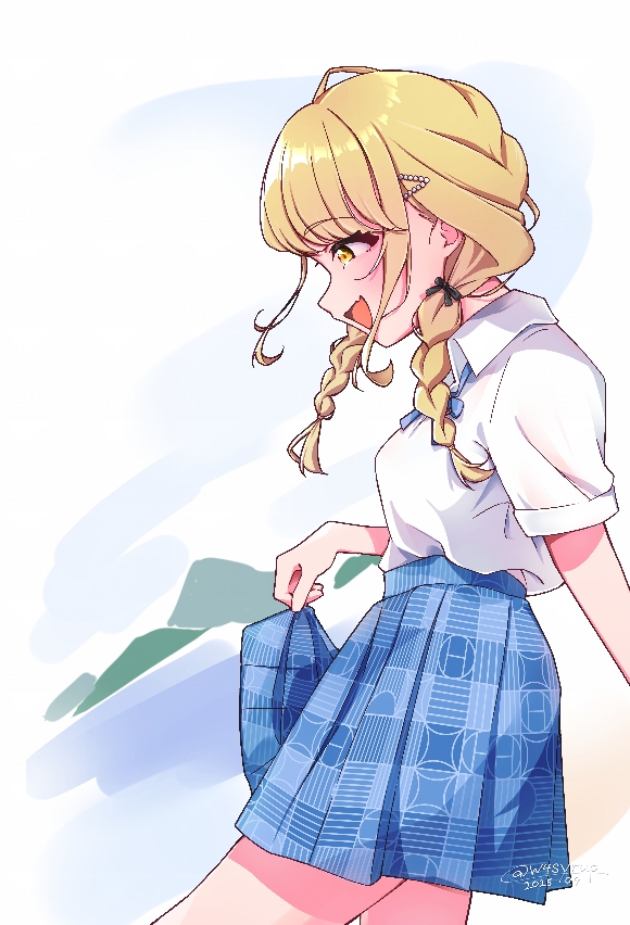 fujita kotone, gakuen idolmaster, idolmaster, commentary request, 1girl, blonde hair, blue ribbon, blue skirt, blush, braid, dated, dress shirt, from side, hatsuboshi gakuen school uniform, long hair, looking down, neck ribbon, pleated skirt, ribbon, school uniform, seina (hoshina52), shirt, short sleeves, skirt, skirt hold, smile, solo, summer uniform, twin braids, twitter username, white shirt, yellow eyes