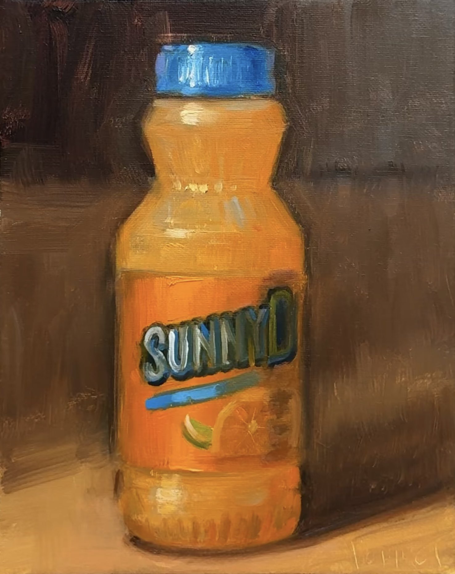 noah verrier, original, commentary, english commentary, highres, oil painting (medium), painting (medium), traditional media, artist name, bottle, drink, food focus, juice, no humans, orange juice, still life, sunny delight