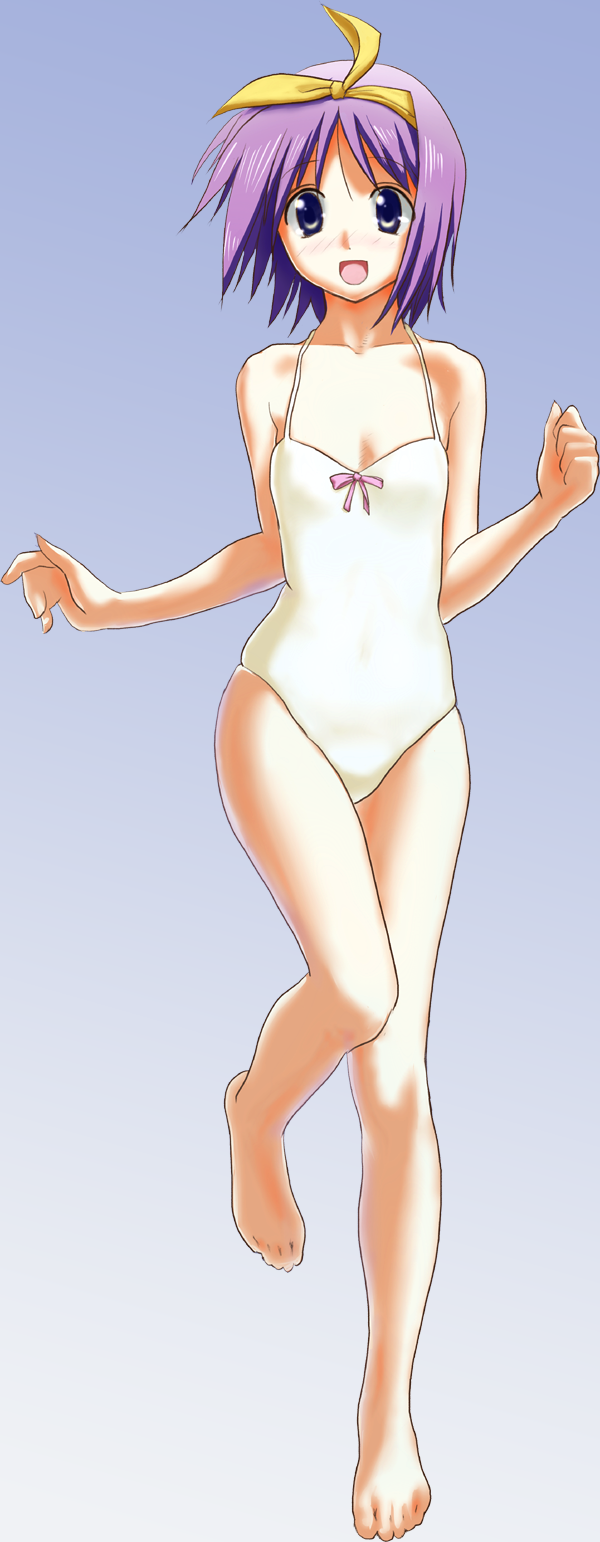 koomo (pixiv148008), koumo, hiiragi tsukasa, lucky star, highres, long image, tall image, 00s, 1girl, barefoot, blue eyes, blush, casual one-piece swimsuit, feet, female focus, flat chest, hairband, one-piece swimsuit, open mouth, purple hair, short hair, solo, swimsuit