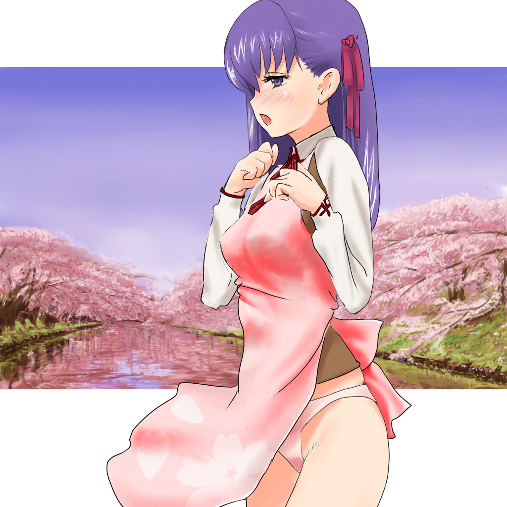 koomo (pixiv148008), koumo, matou sakura, fate/stay night, fate (series), 00s, apron, blush, long hair, panties, pantyshot, purple eyes, purple hair, underwear