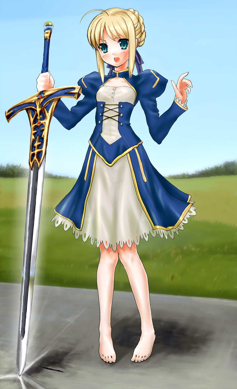 koomo (pixiv148008), koumo, artoria pendragon (fate), saber (fate), fate/stay night, fate (series), highres, 00s, aqua eyes, barefoot, blonde hair, blush, dress, flat chest, see-through clothes, solo, sword, weapon