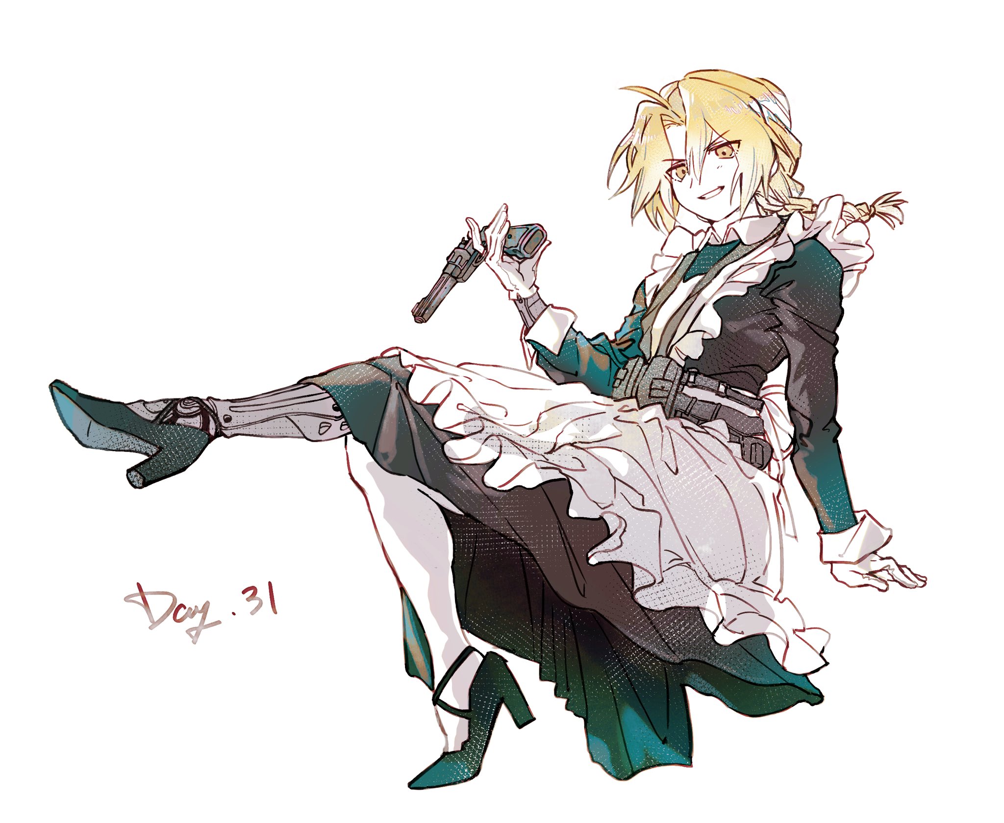xue ezi, edward elric, fullmetal alchemist, highres, 1boy, ahoge, blonde hair, english text, full body, gloves, hair between eyes, high heels, holding, holding weapon, horse tail, kneehighs, long hair, long sleeves, maid, male focus, mechanical arms, mechanical legs, prosthesis, simple background, single mechanical arm, sitting, smile, socks, solo, swimsuit, tail, unconventional maid, vest, weapon, white background, white gloves, white socks, yellow eyes