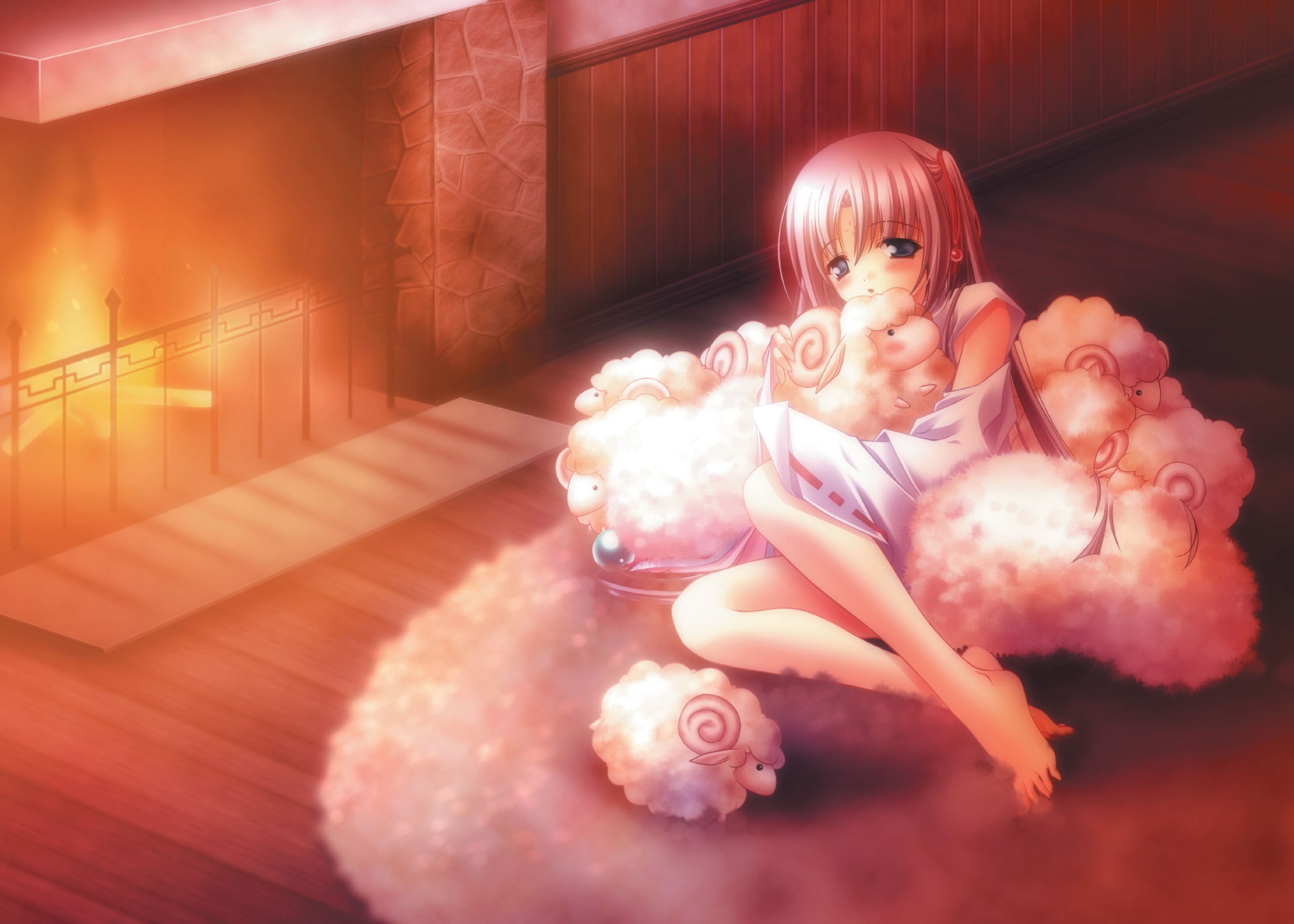 yuki usagi, caren mayfield, moldavite, highres, 1girl, barefoot, blue eyes, blush, detached sleeves, feet, female focus, fireplace, pink hair, sheep, solo