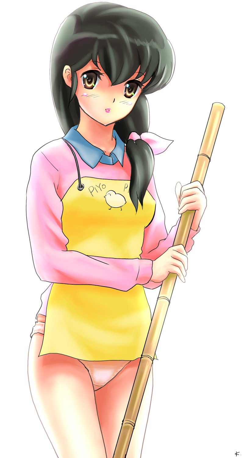 koomo (pixiv148008), koumo, otonashi kyouko, maison ikkoku, highres, blush, broom, brown eyes, green hair, long hair, panties, solo, underwear