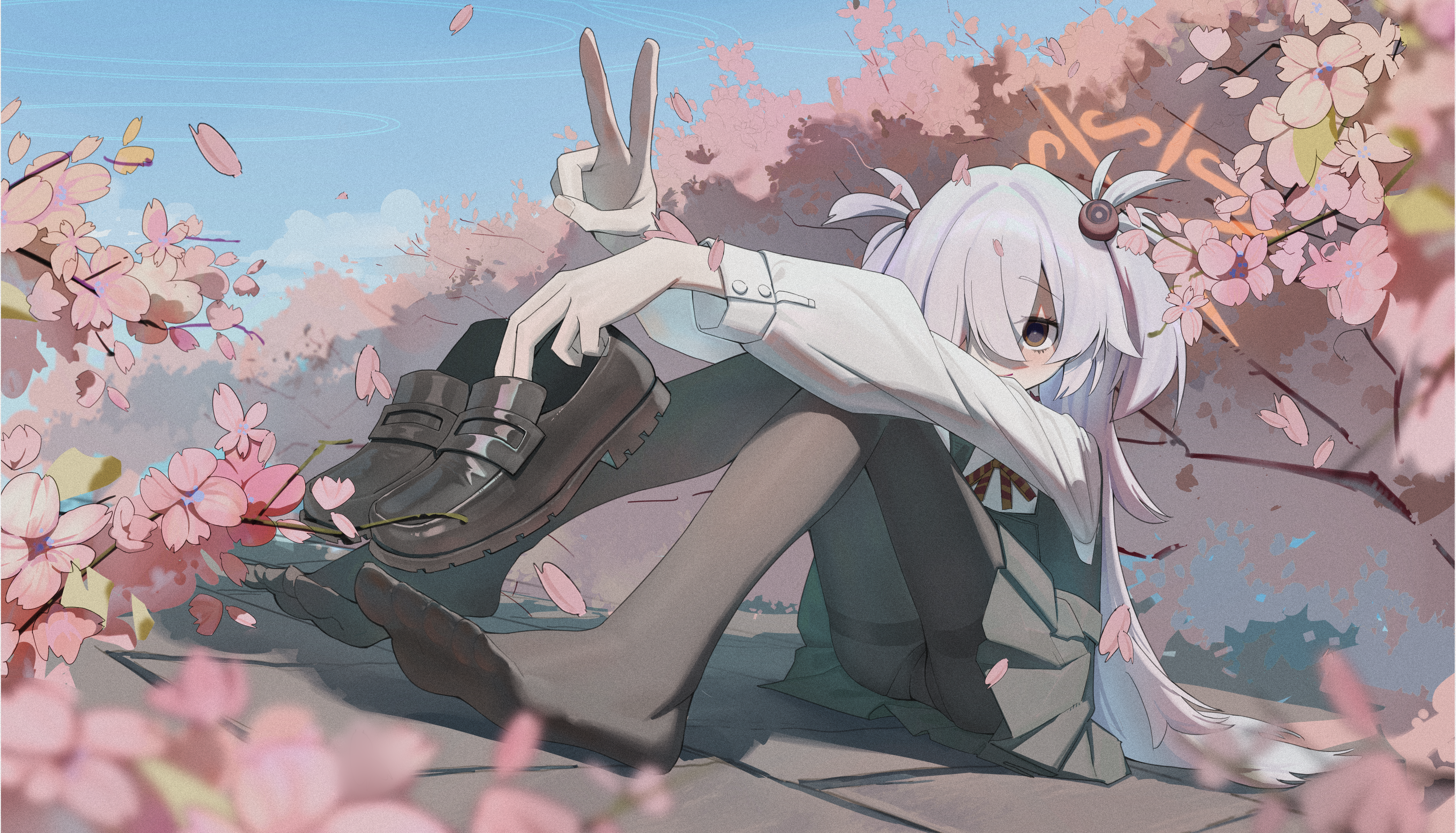 xi-zyckoku, kanoe (blue archive), blue archive, absurdres, commentary, highres, 1girl, black pantyhose, blue sky, brown eyes, cherry blossoms, day, diagonal-striped ribbon, dress, feet, film grain, green dress, grey hair, hair ornament, hair over one eye, halo, heavy film grain, holding, holding shoes, holding unworn clothes, knees up, long hair, looking at viewer, neck ribbon, no shoes, on floor, orange halo, outdoors, pantyhose, pinafore dress, ribbon, scar, scar on neck, shirt, shoes, sitting, sky, sleeveless, sleeveless dress, solo, stone floor, thighband pantyhose, two side up, unworn shoes, v, white shirt