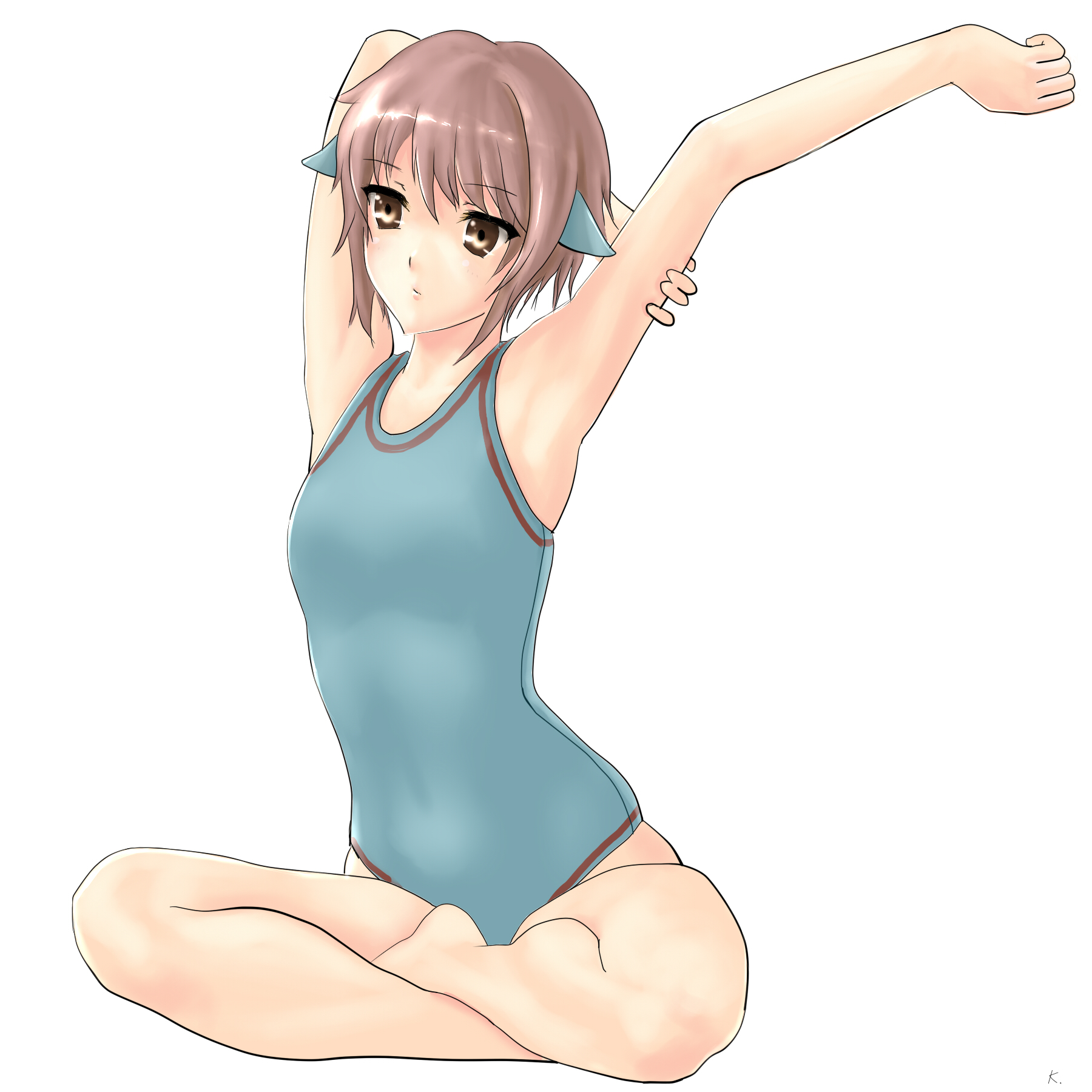koomo (pixiv148008), koumo, nagato yuki, suzumiya haruhi no yuuutsu, highres, 00s, armpits, barefoot, brown eyes, crossed legs, full body, indian style, one-piece swimsuit, plantar flexion, short hair, sitting, solo, stretching, swimsuit