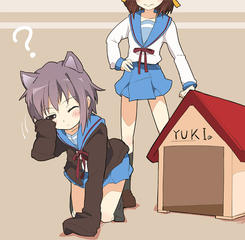 ixy, nagato yuki, suzumiya haruhi, suzumiya haruhi no yuuutsu, 00s, 2girls, ?, all fours, animal ears, black socks, blush, brown eyes, female focus, kemonomimi mode, long sleeves, multiple girls, one eye closed, school uniform, serafuku, short hair, sleeves past wrists, socks, standing, wink