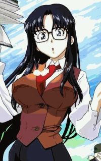yomiko readman, read or die, lowres, 00s, 1girl, black hair, blue eyes, breasts, female focus, glasses, huge breasts, long hair, solo