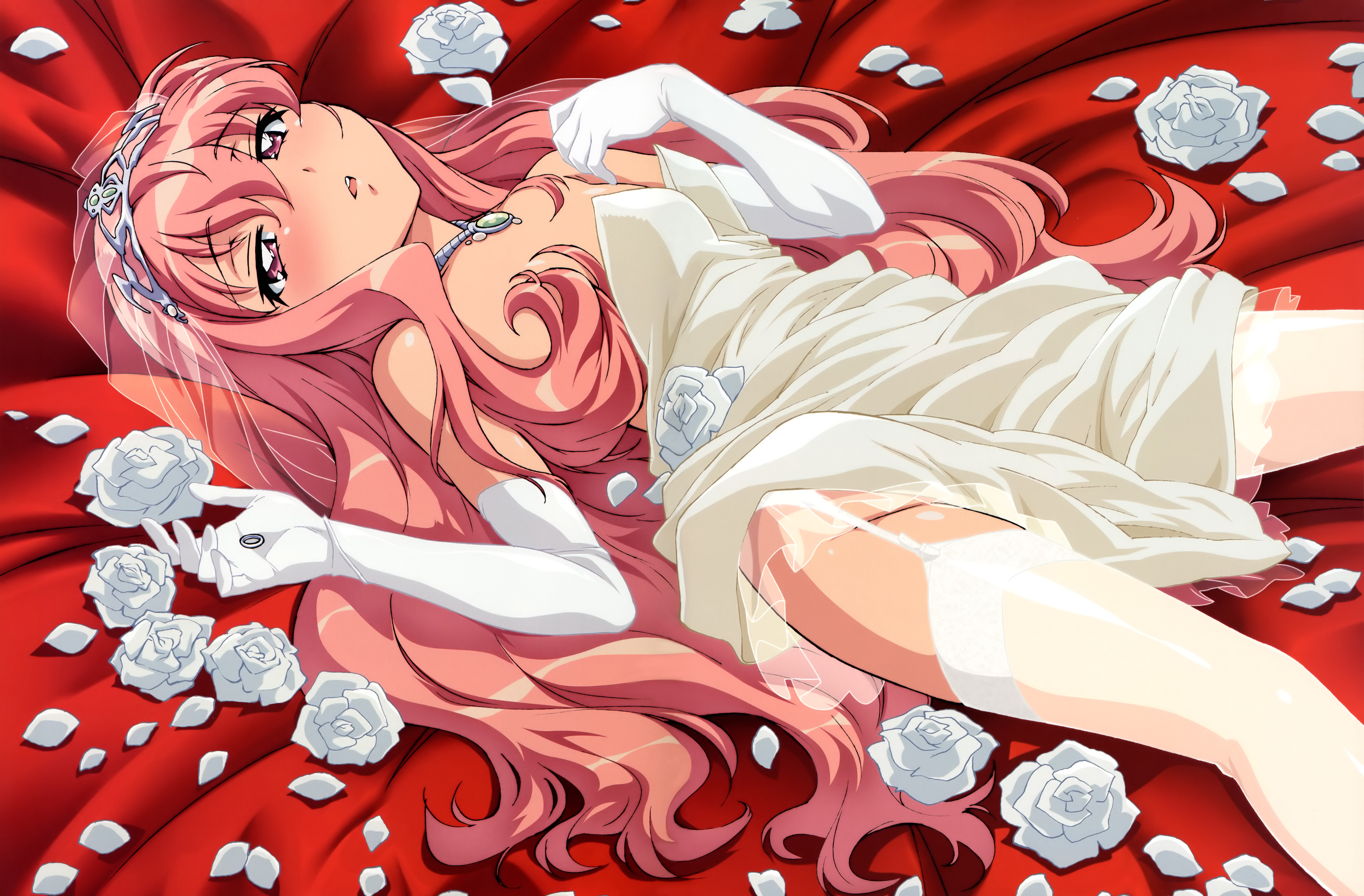 louise francoise le blanc de la valliere, zero no tsukaima, absurdres, artist request, highres, official art, 00s, 1girl, blush, bridal veil, bride, dress, elbow gloves, female focus, flower, garter belt, gloves, jewelry, long hair, lying, necklace, open mouth, pink eyes, pink hair, ring, rose, solo, thighhighs, tiara, veil, wedding dress, white flower, white rose