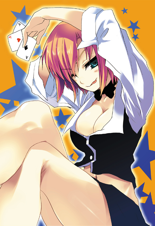 tatami to hinoki, rio rollins, super blackjack, 1girl, aqua eyes, bow, bowtie, breasts, card, choker, cleavage, crossed legs, croupier, female focus, holding, holding card, midriff, miniskirt, navel, one eye closed, pencil skirt, red hair, short hair, sitting, skirt, sleeves pushed up, smile, solo, tongue, wink
