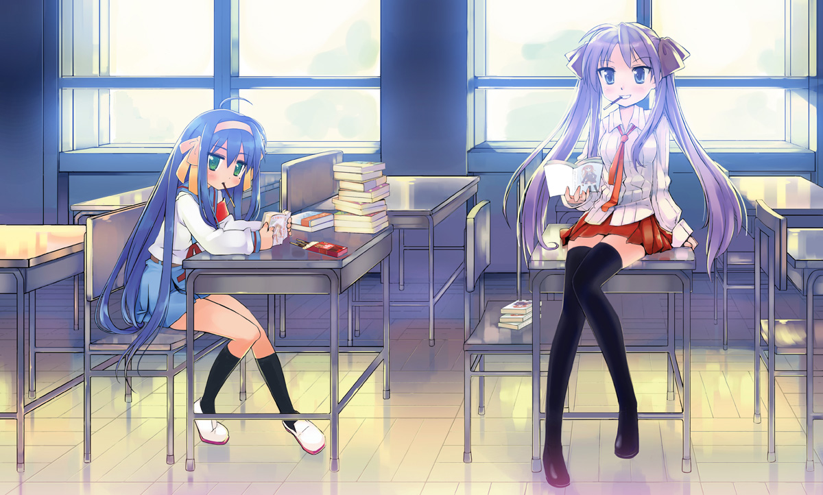 piah, hiiragi kagami, hirano aya, izumi konata, suzumiya haruhi, lucky star, suzumiya haruhi no yuuutsu, 2girls, ahoge, black socks, blue eyes, blue hair, book, cosplay, food, green eyes, hair ribbon, kneehighs, long hair, mouth hold, multiple girls, pleated skirt, pocky, purple hair, ribbon, school uniform, serafuku, skirt, smile, socks, suzumiya haruhi (cosplay), thighhighs, tsurime, very long hair, voice actor connection, zettai ryouiki
