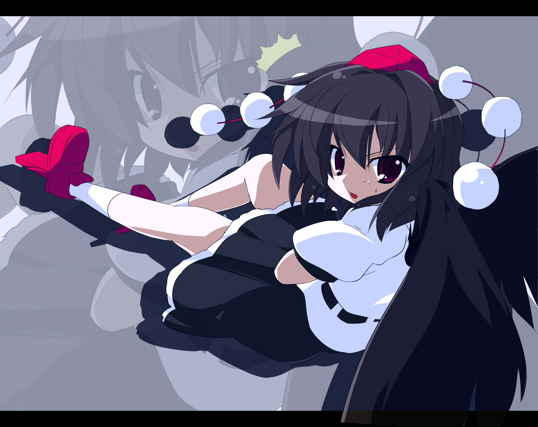 oka (bananashoe), shameimaru aya, touhou, highres, 1girl, black hair, black wings, female focus, geta, hat, letterboxed, looking at viewer, short hair, skirt, solo, tengu-geta, wings